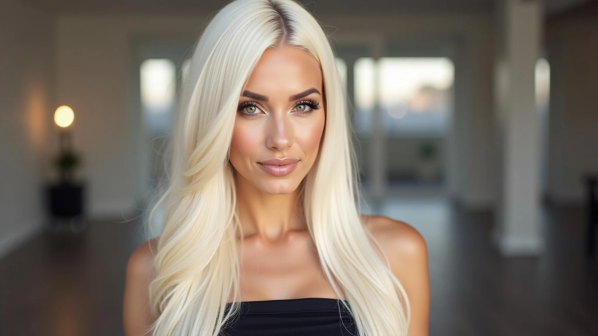 Mulher com cabelo loiro platinado longo e bem cuidado.