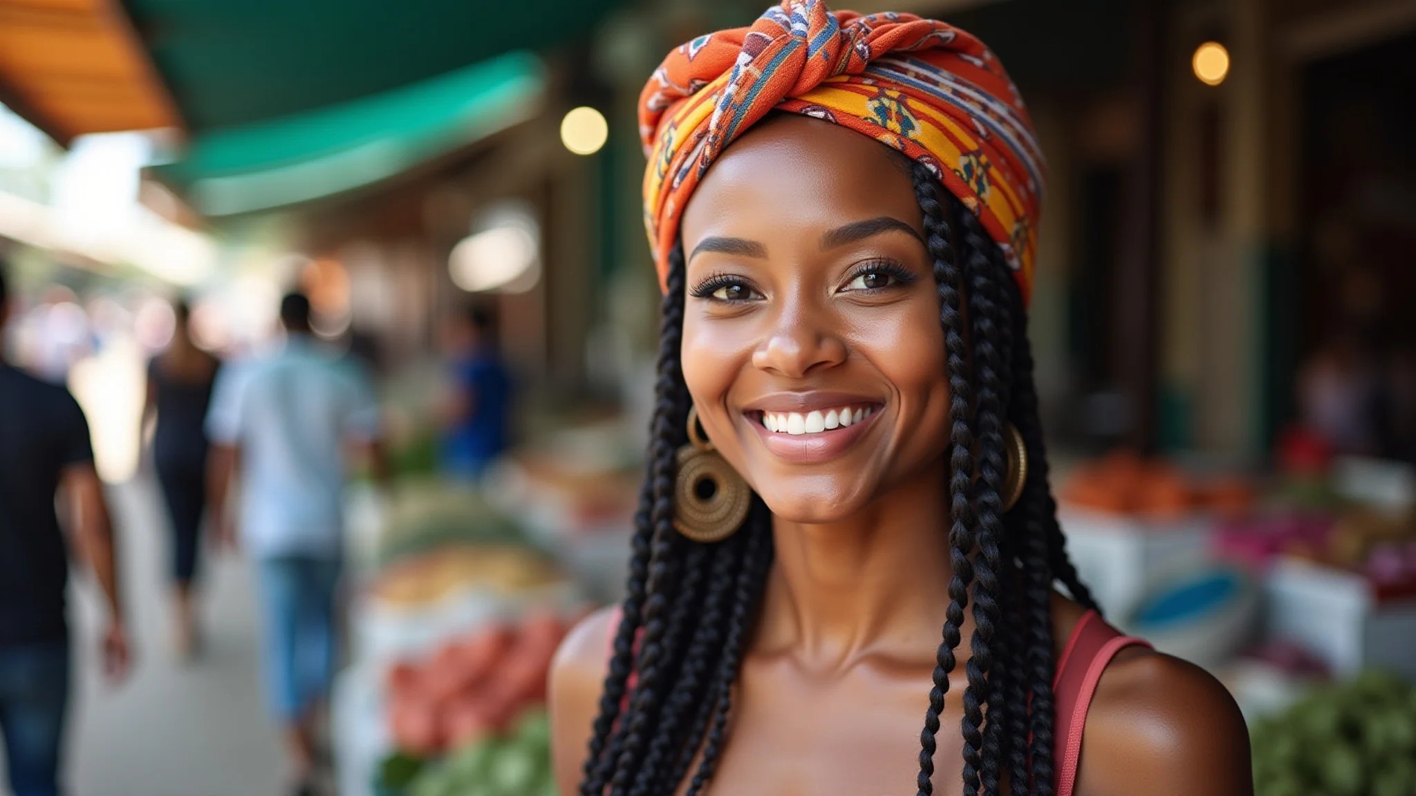 Mulher com tranças nagô e lenço colorido em mercado de rua brasileiro.