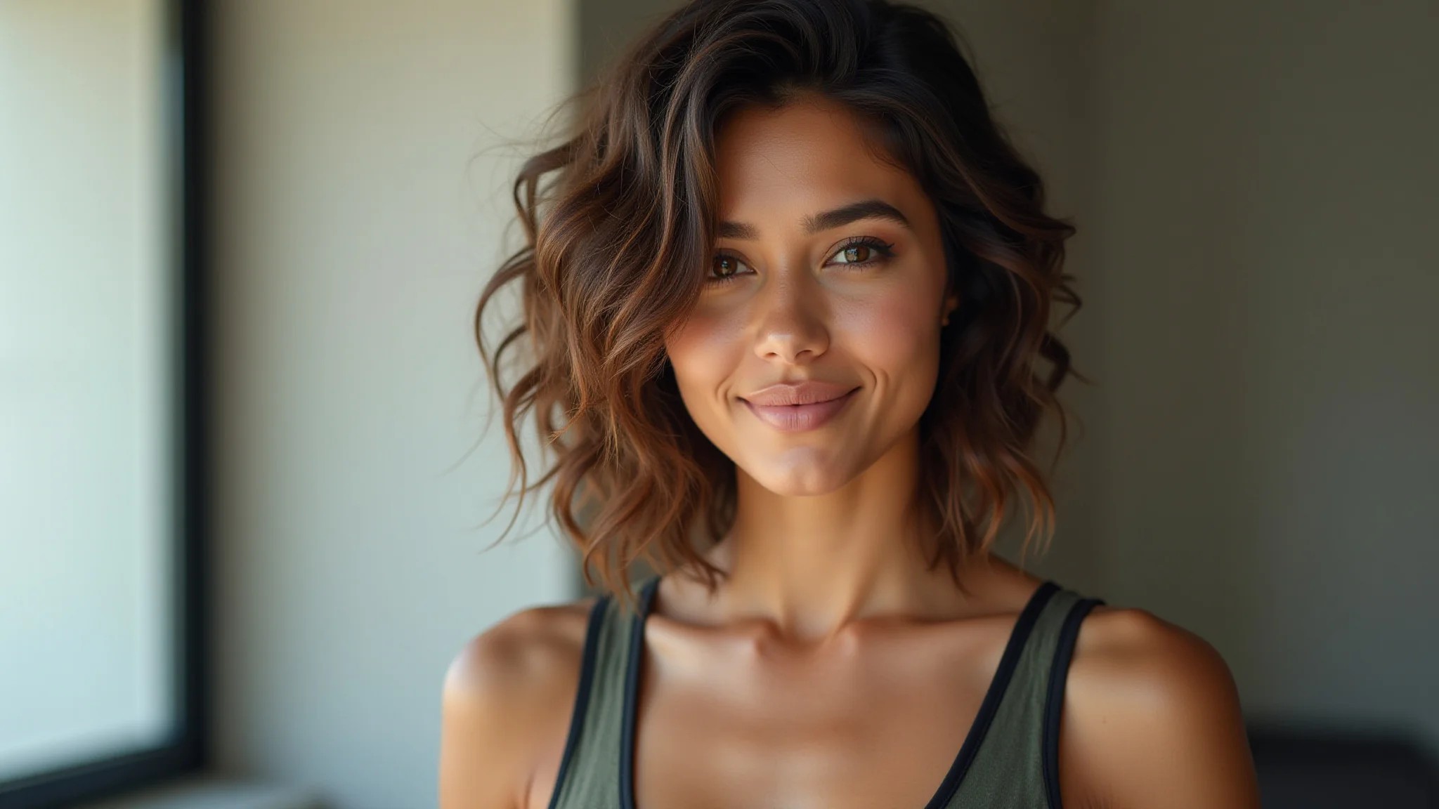Mulher com cabelo curto e ondulado estilo shaggy hair, visual moderno e brasileiro.