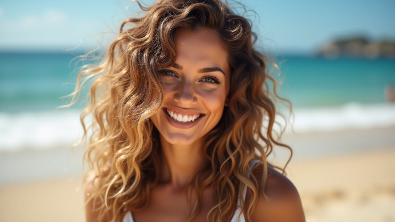 Mulher com cabelo ondulado usando spray texturizador para efeito praia.