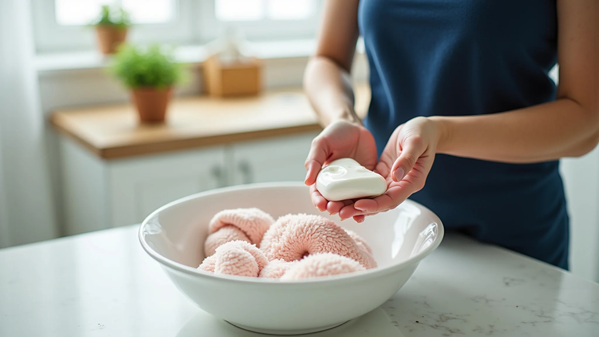 Mãos lavando roupinhas delicadas de bebê à mão com sabão neutro.