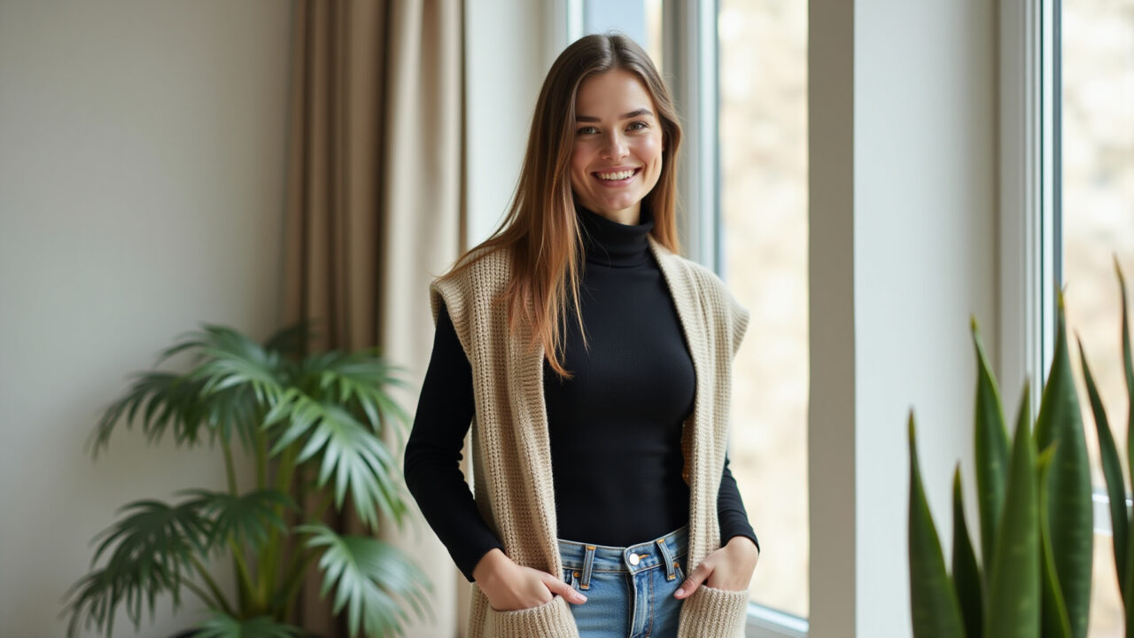 Mulher jovem com colete de tricô bege e gola alta preta em apartamento moderno.