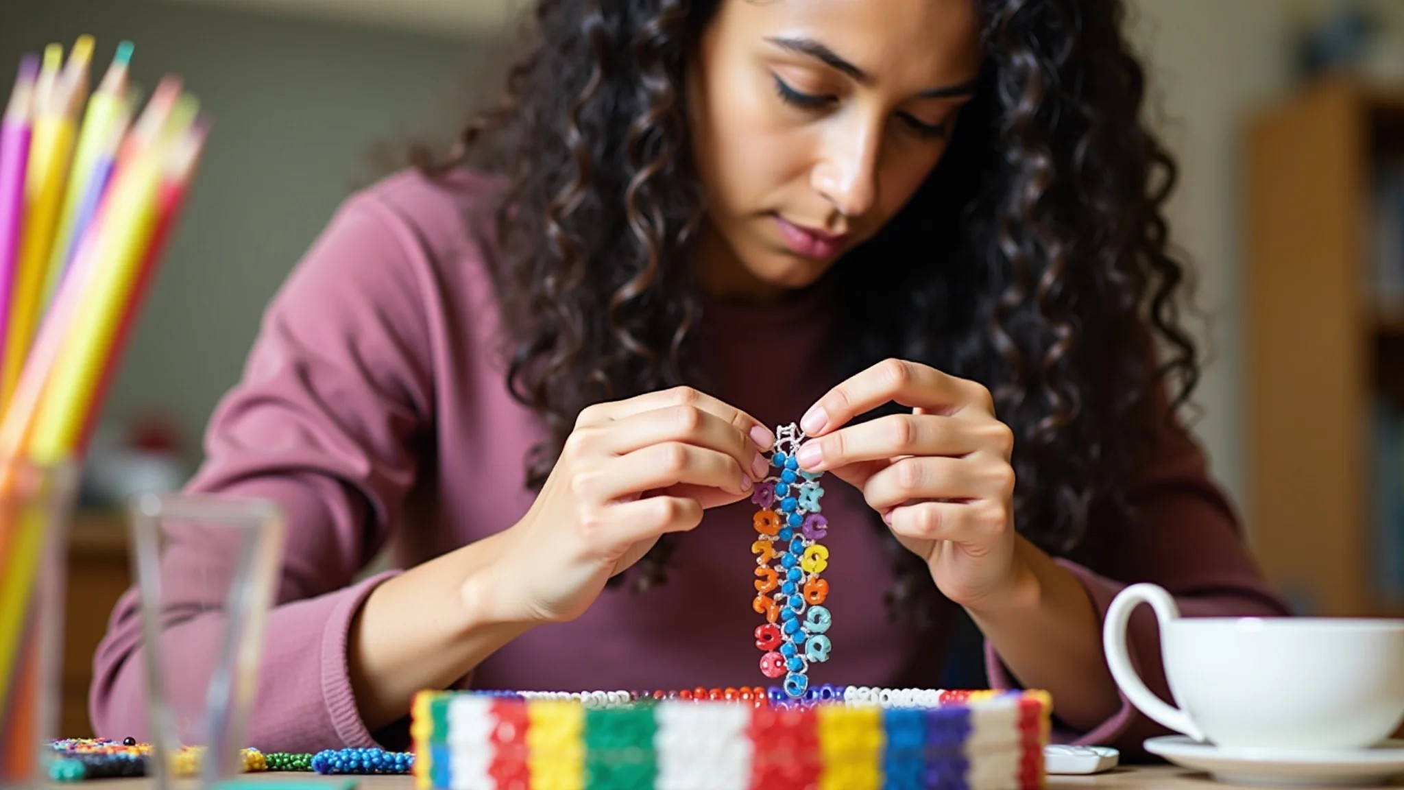 Jovem criando pulseira de miçangas coloridas com seu nome, em um ambiente vibrante.