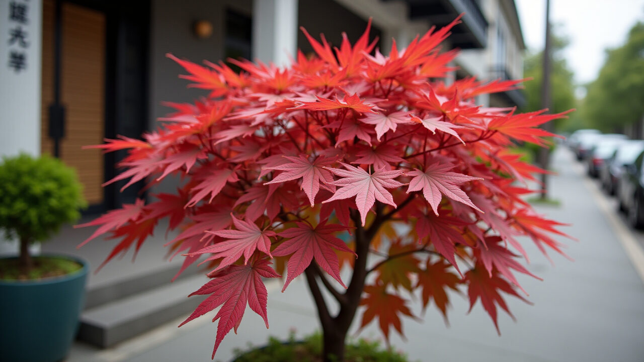 Acer Japônico em calçada com decoração oriental.