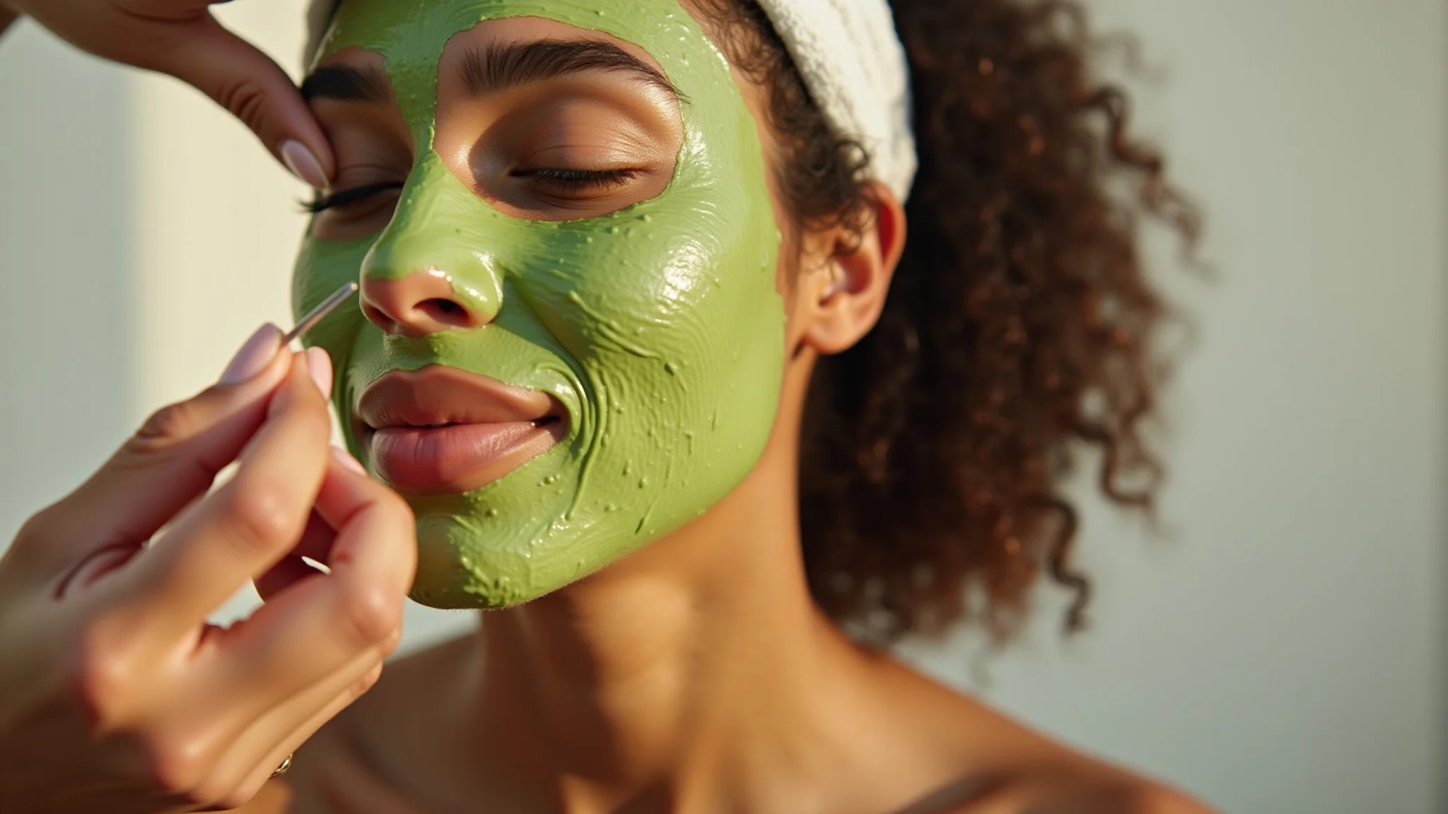 Mulher brasileira de meia-idade aplicando máscara facial de abacate.