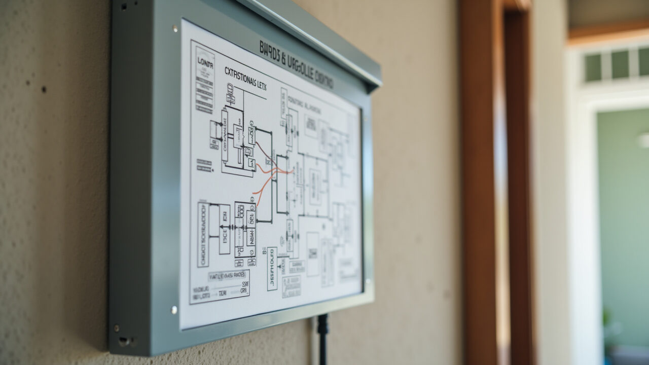 Diagrama de instalação elétrica exibido perto da caixa de distribuição.