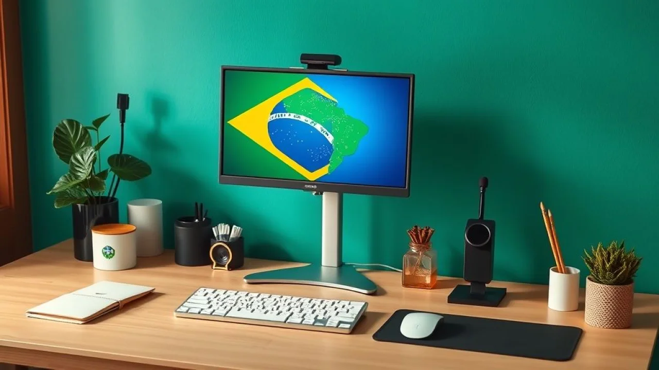 Mesa de trabalho organizada com acessórios ergonômicos e objetos decorativos brasileiros.