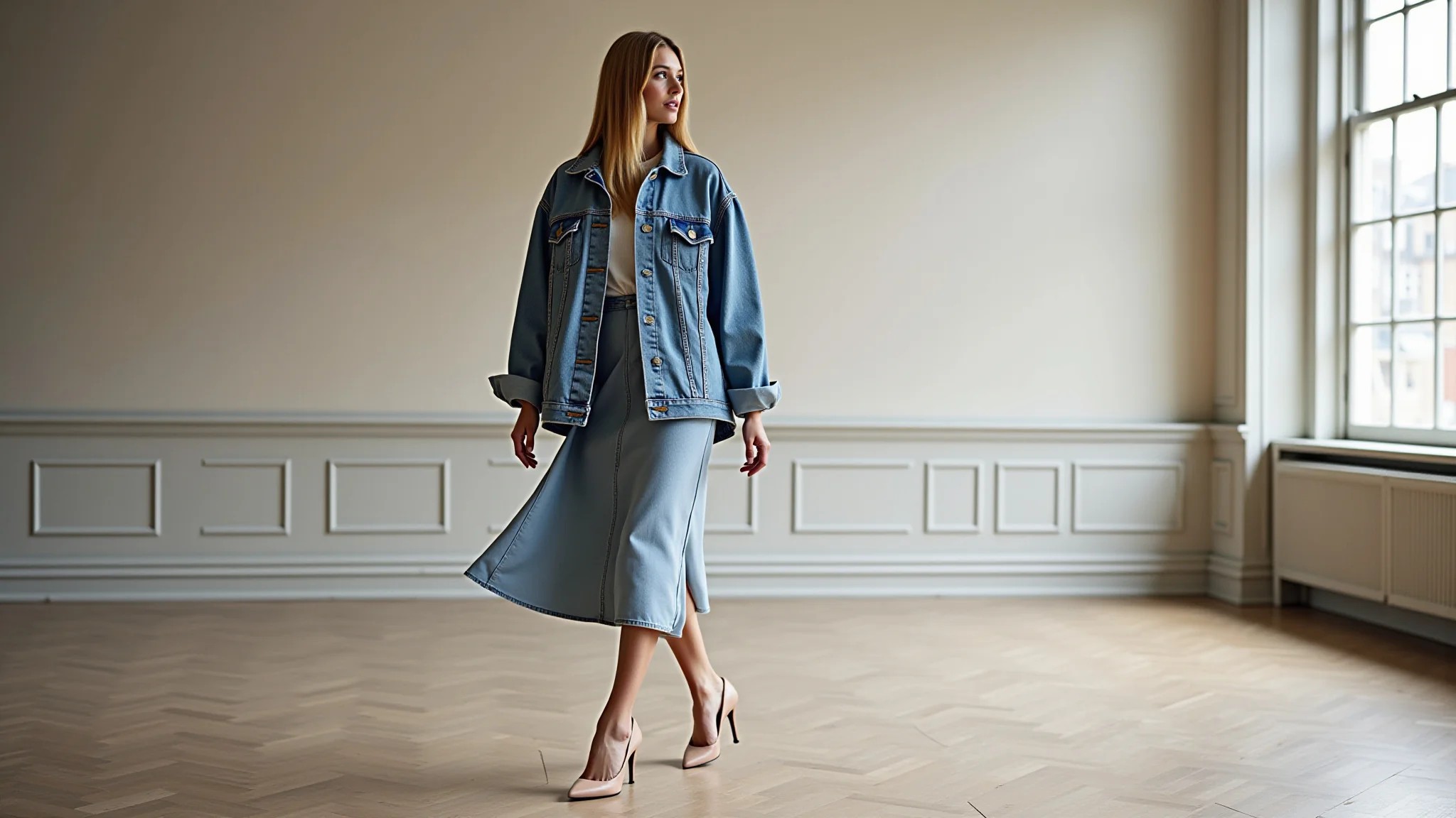 Jaqueta jeans oversized combinada com saia midi e salto alto, estilo elegante.