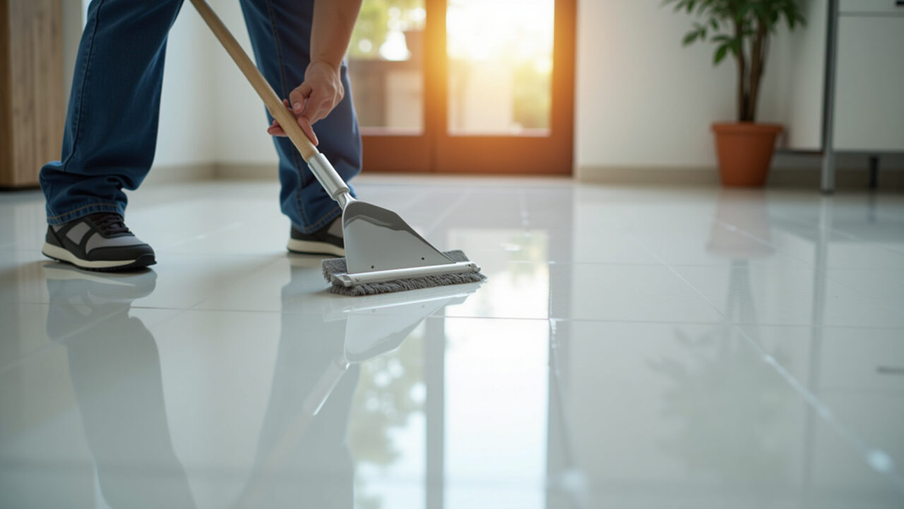 Aplicação de primer para cerâmica em piso.