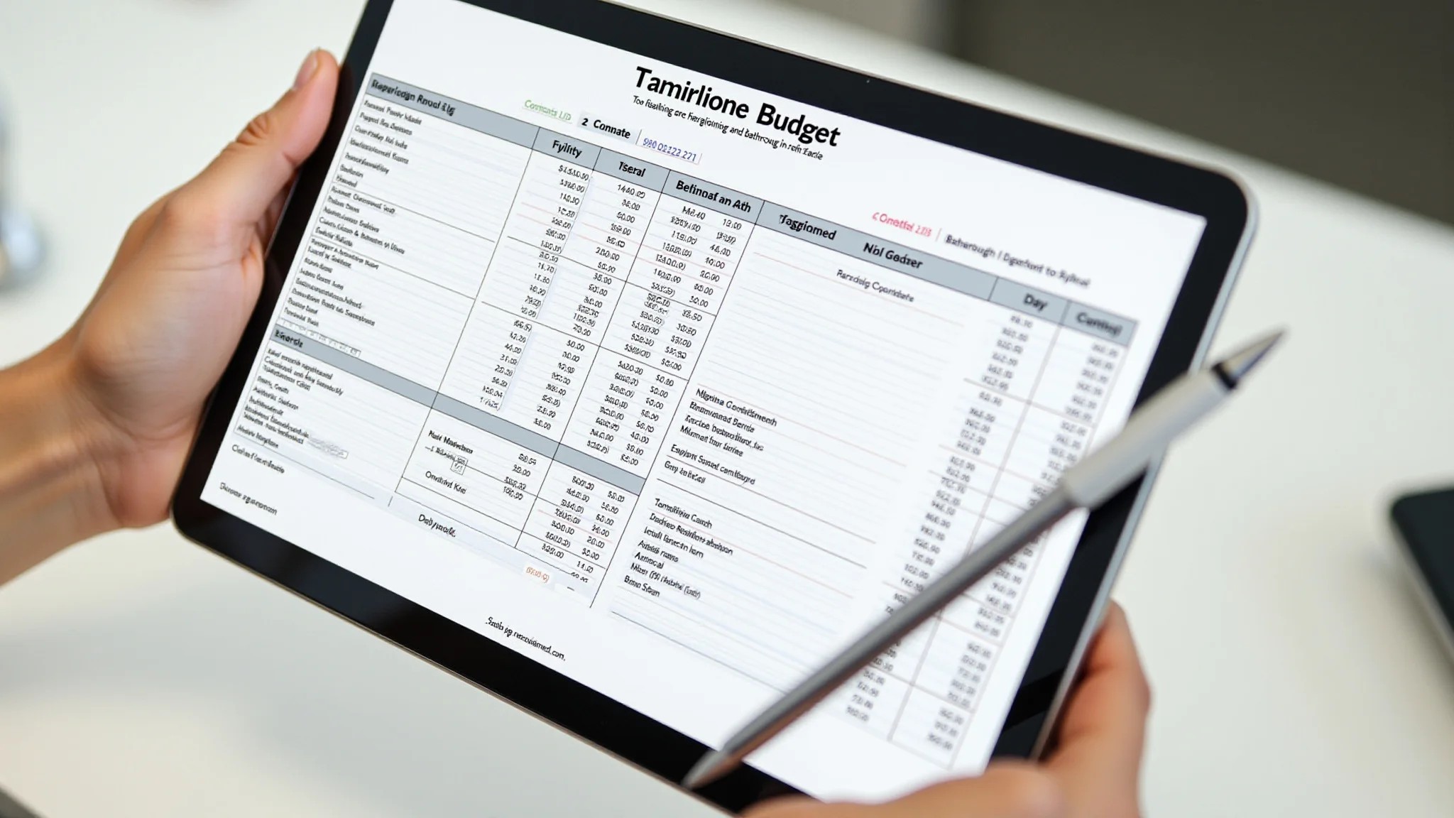Planilha de orçamento para reforma de banheiro em um tablet.