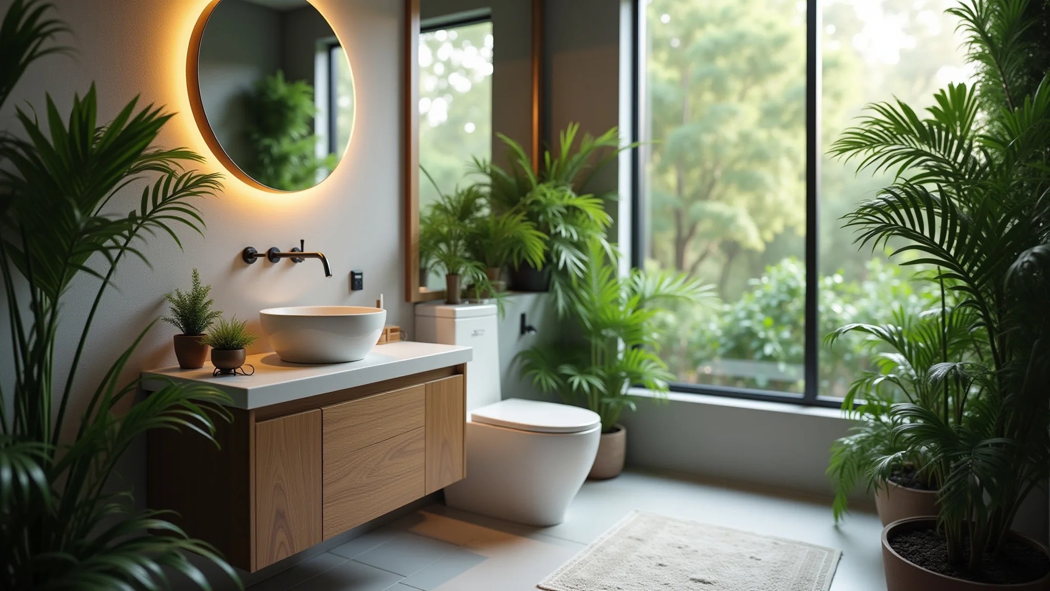 Banheiro com plantas criando uma atmosfera fresca.
