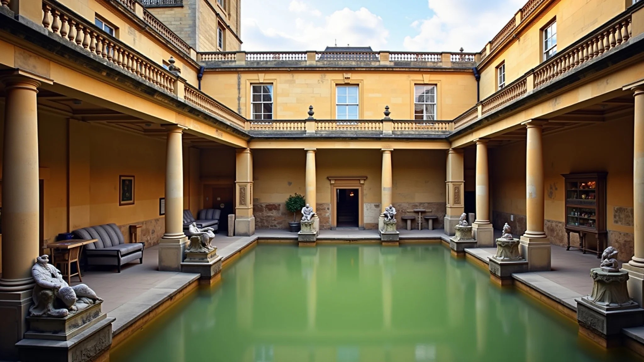 Banhos Romanos de Bath, com iluminação suave e arquitetura histórica detalhada.