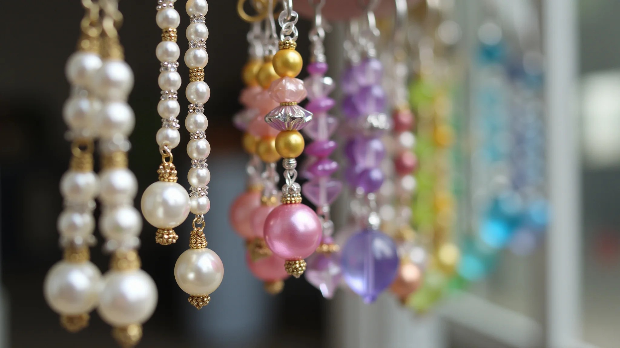 Chaveiros de miçangas com pérolas, cristais e miçangas de vidro coloridas.