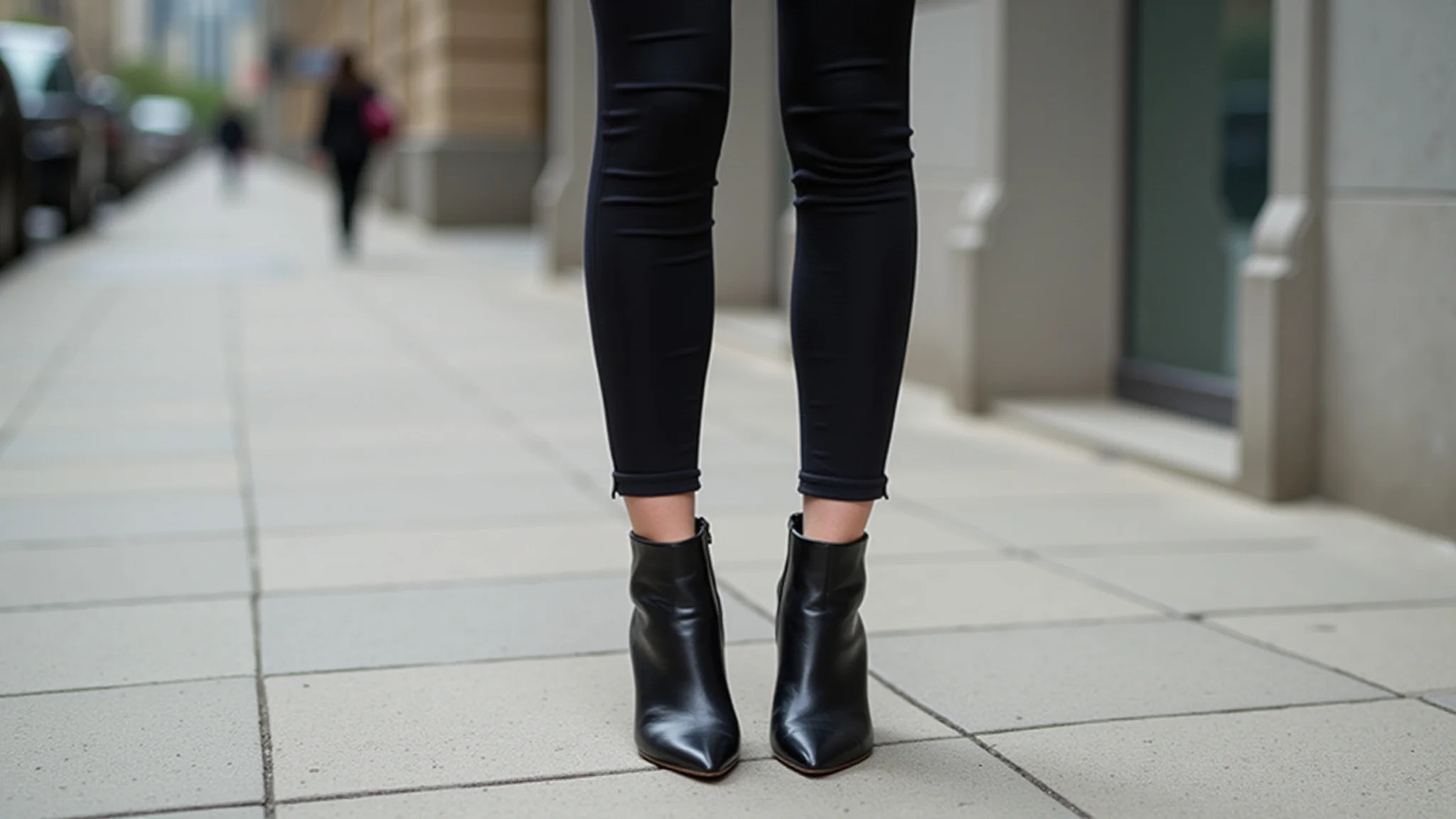 Legging preta combinada com diferentes sapatos elegantes: salto alto, bota de cano curto e tênis estiloso.