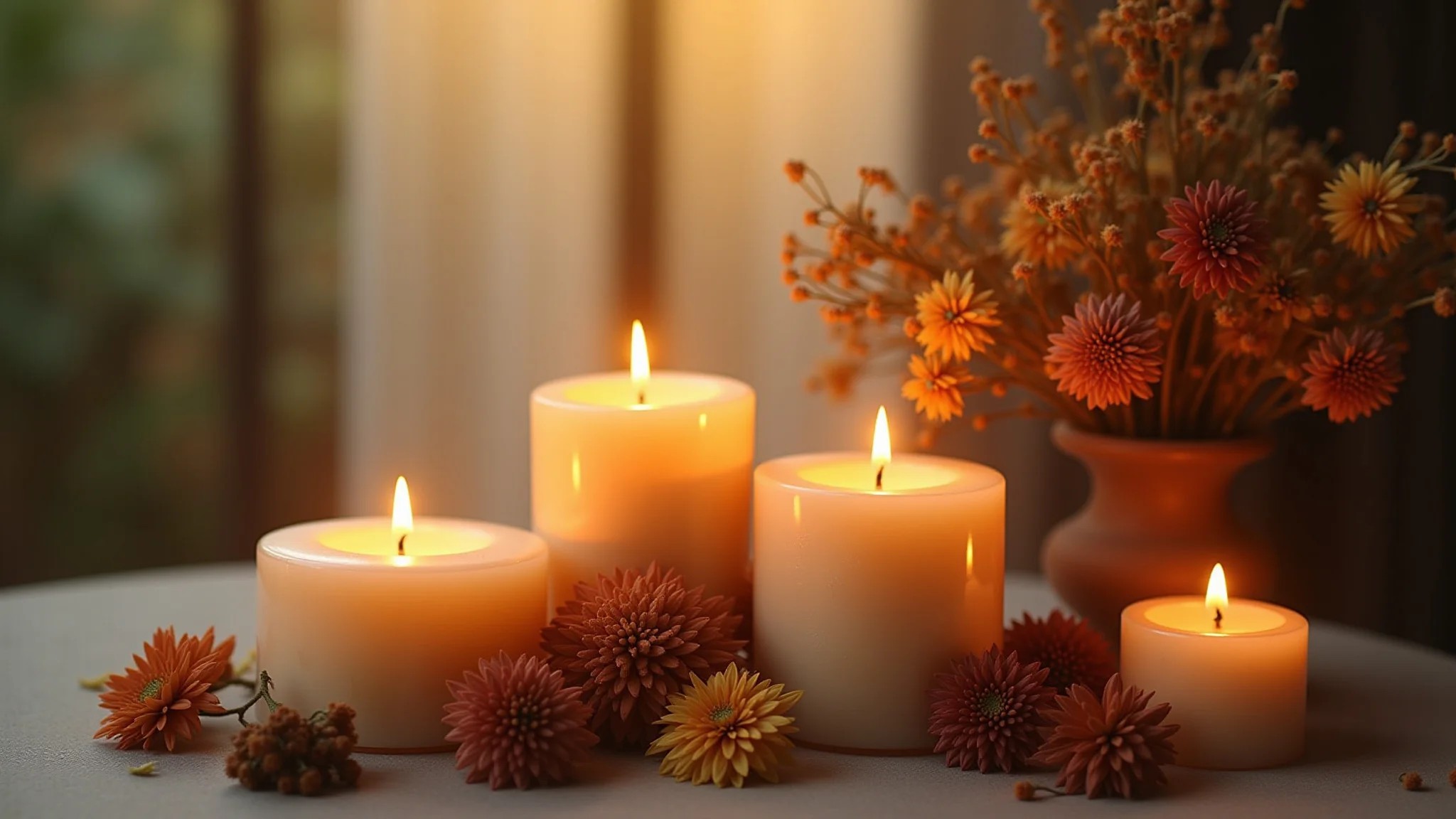 Velas com flores secas, luz dourada suave, estilo de decoração brasileiro.
