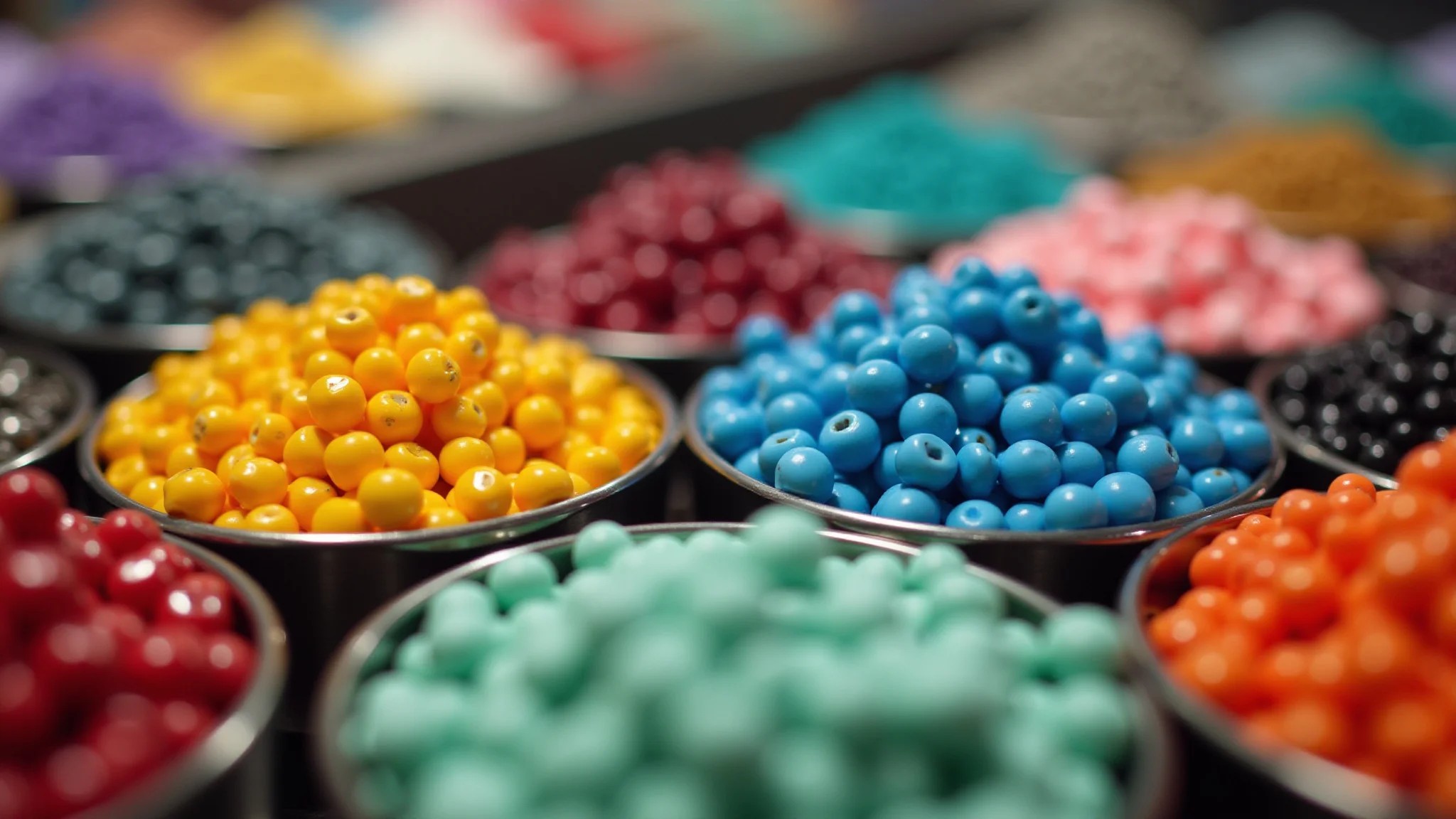 Miçangas coloridas de diferentes tamanhos e marcas, em um ambiente de criação de bijuterias.