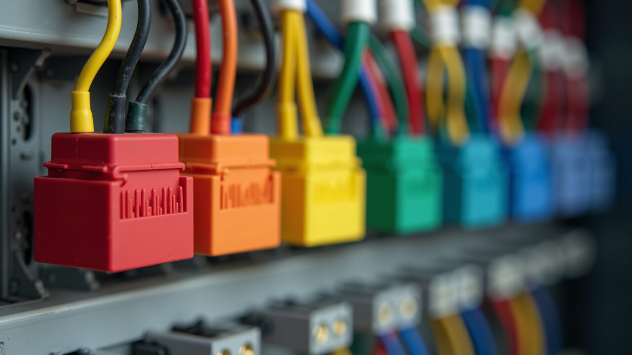 Organizadores de cabos coloridos em caixa de distribuição elétrica.