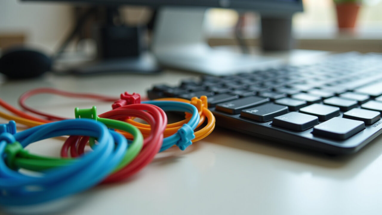 Cabos agrupados com abraçadeiras coloridas atrás de mesa de computador.