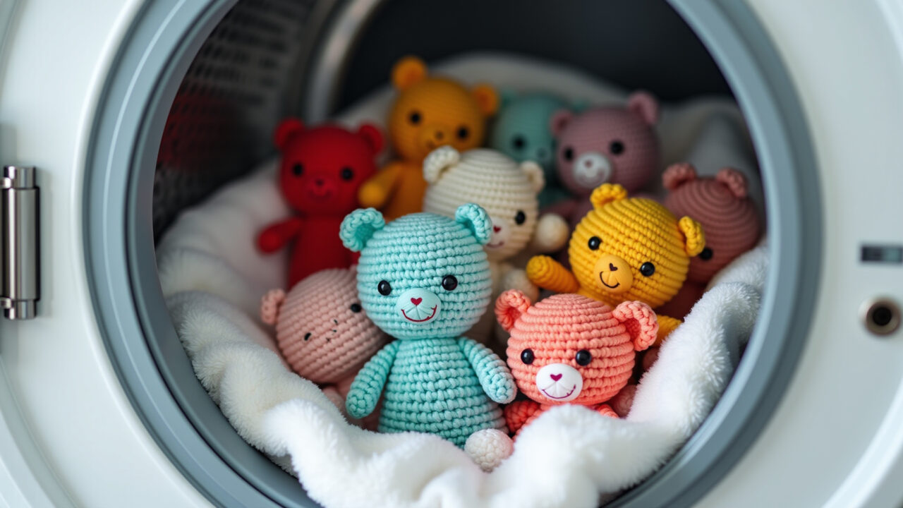 Amigurumis de algodão coloridos sendo lavados na máquina.