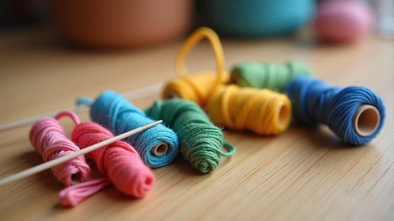 Linhas de algodão coloridas e agulhas para costura em patchwork.