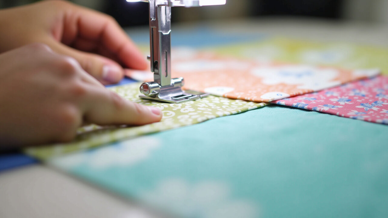 Alfinetes segurando tecido patchwork colorido antes da costura.