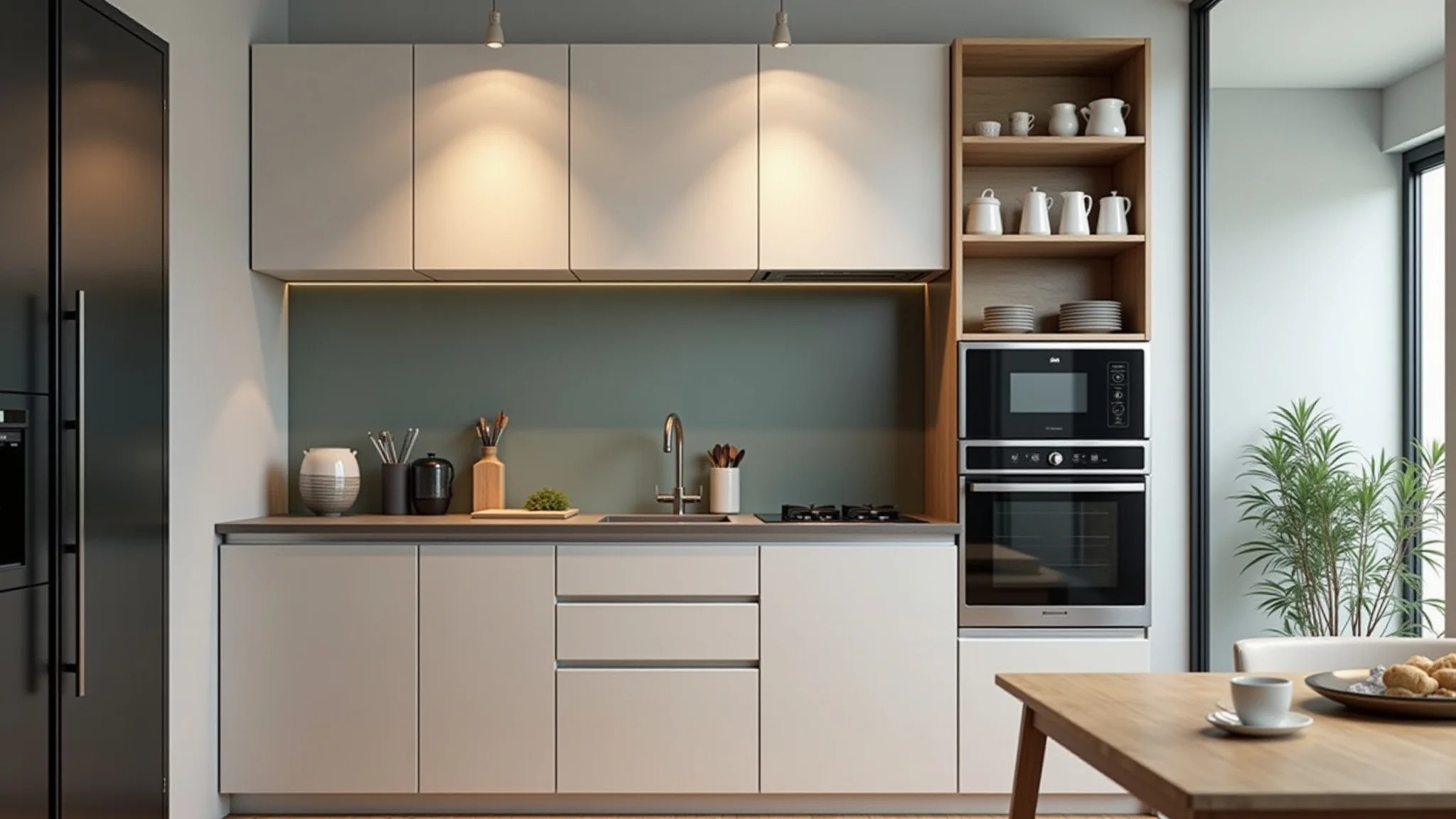 Eletrodomésticos compactos e multifuncionais em cozinha americana pequena com design moderno.