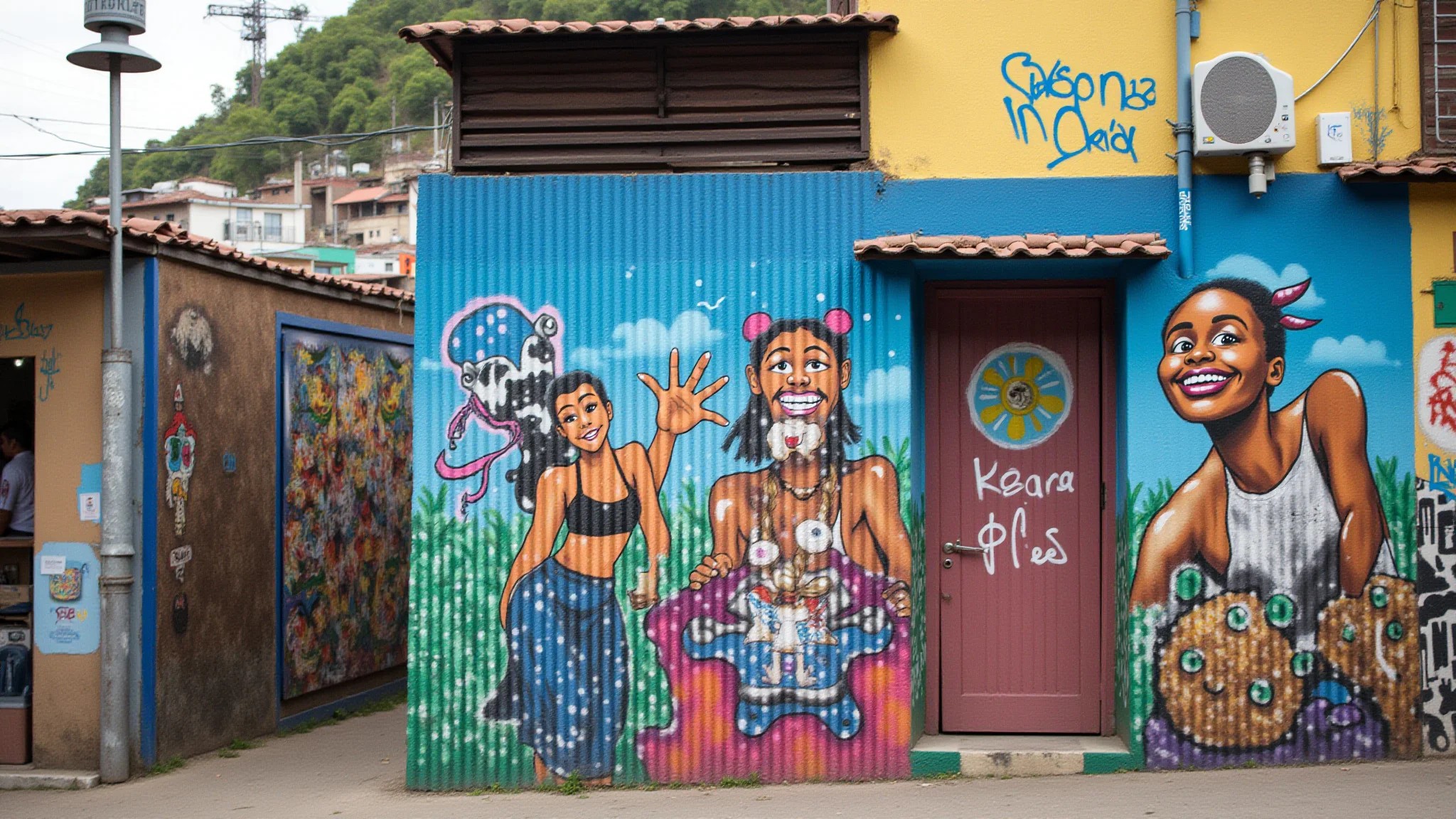 Comuna 13 em Medellín, mostrando arte de rua e comunidade vibrante.