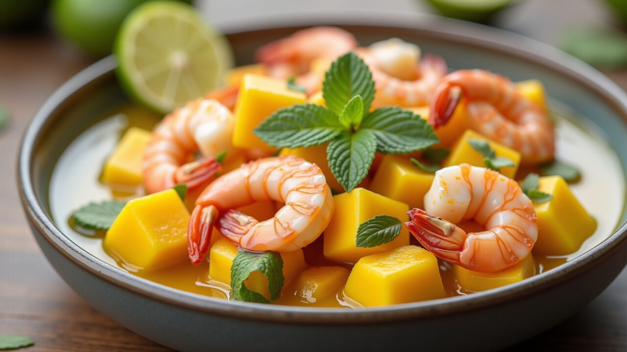 Crudo de Camarão com Manga e Hortelã, tropical e refrescante.