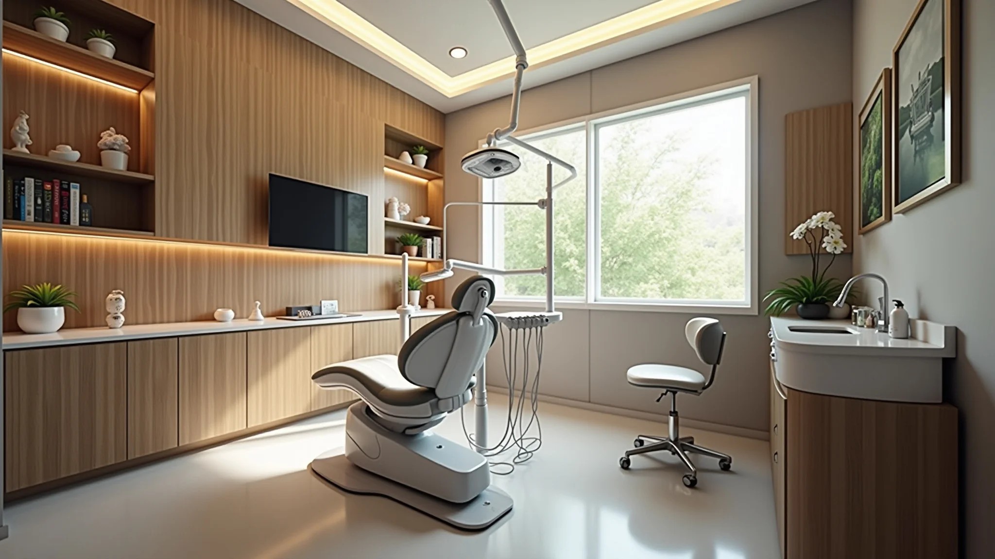 Interior de consultório odontológico com design biofílico e elementos naturais.