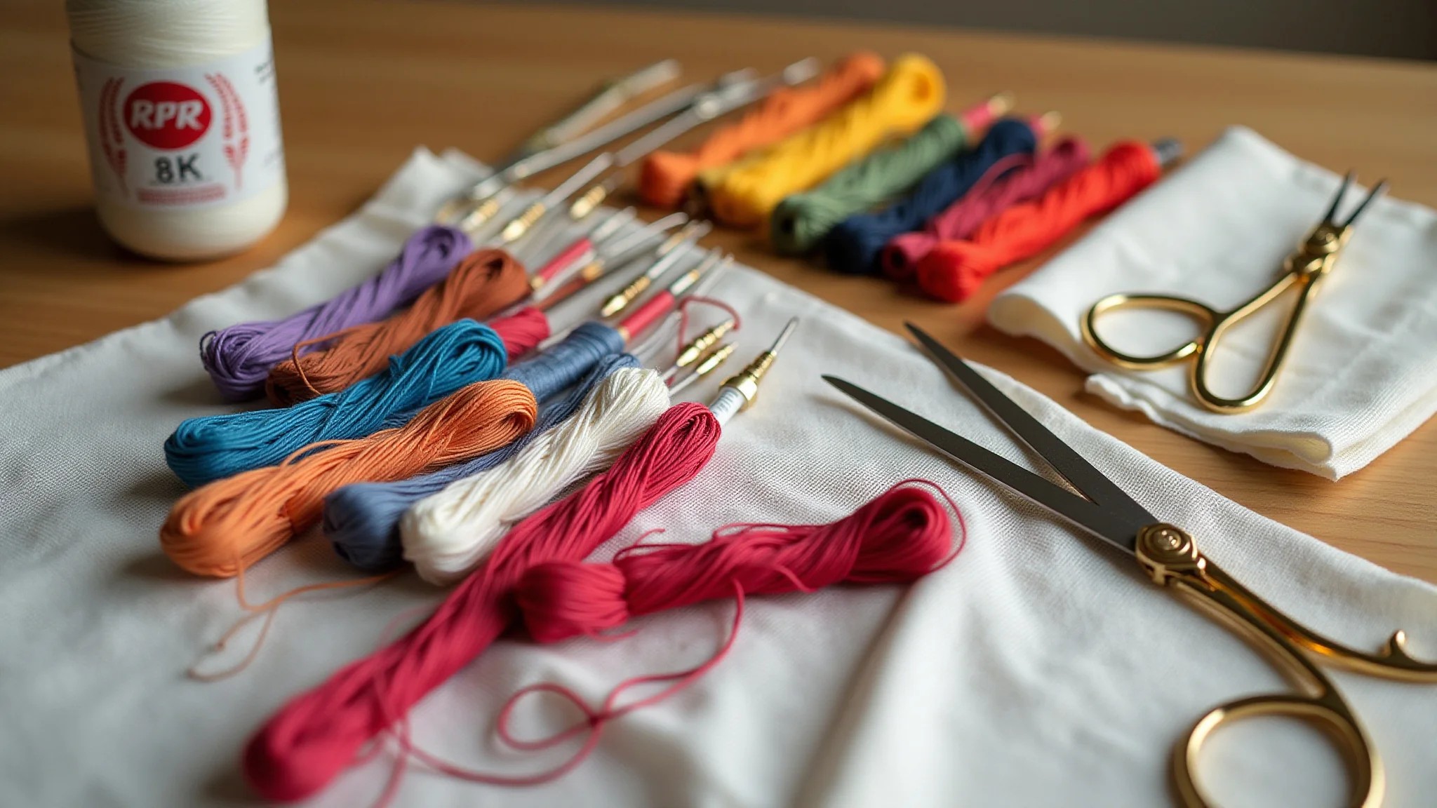 Materiais de bordado: linhas coloridas, agulhas, tecido e tesoura, dispostos em uma mesa de madeira.