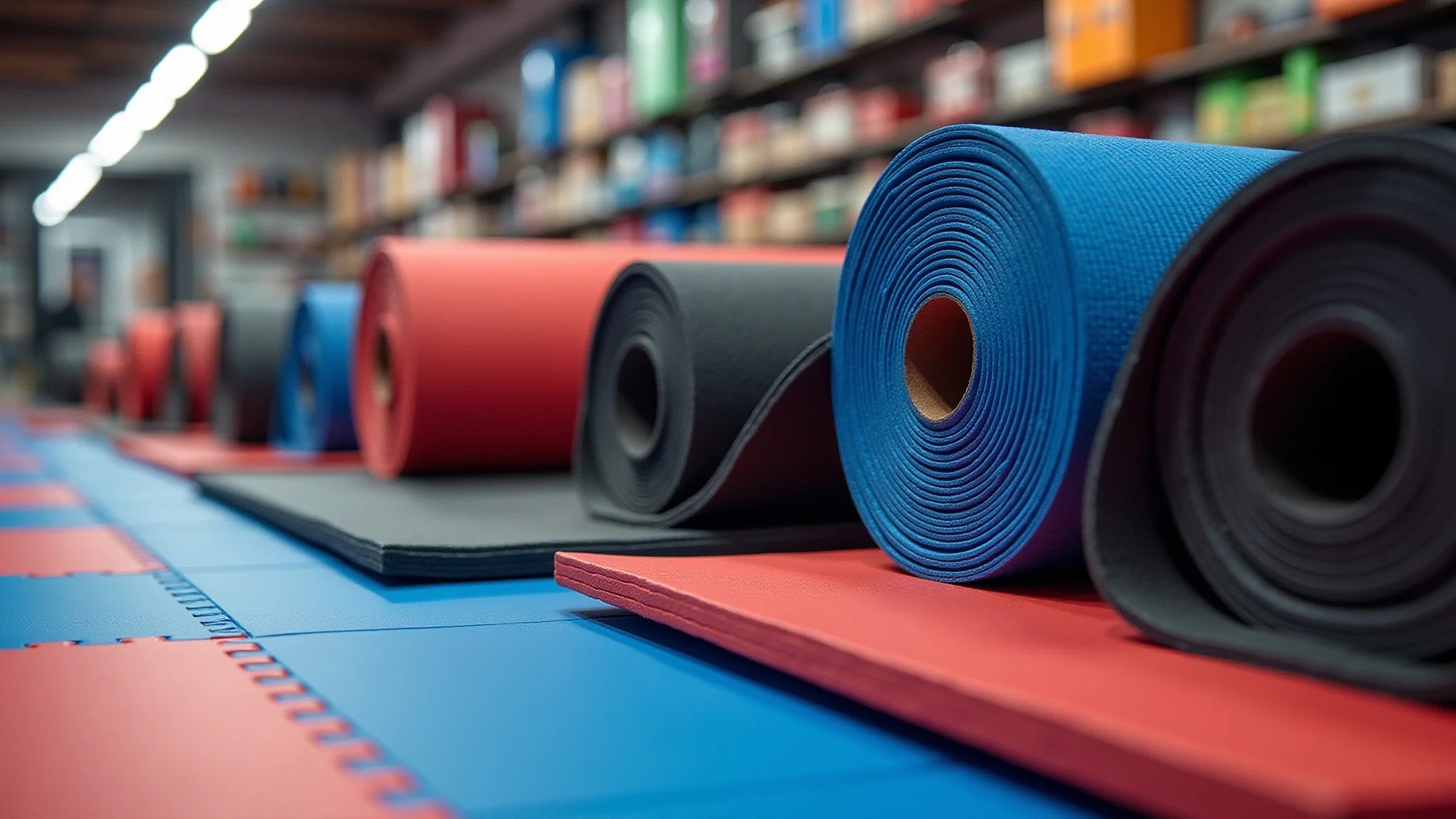 Diferentes marcas e produtos de tatames em uma loja de equipamentos de artes marciais.