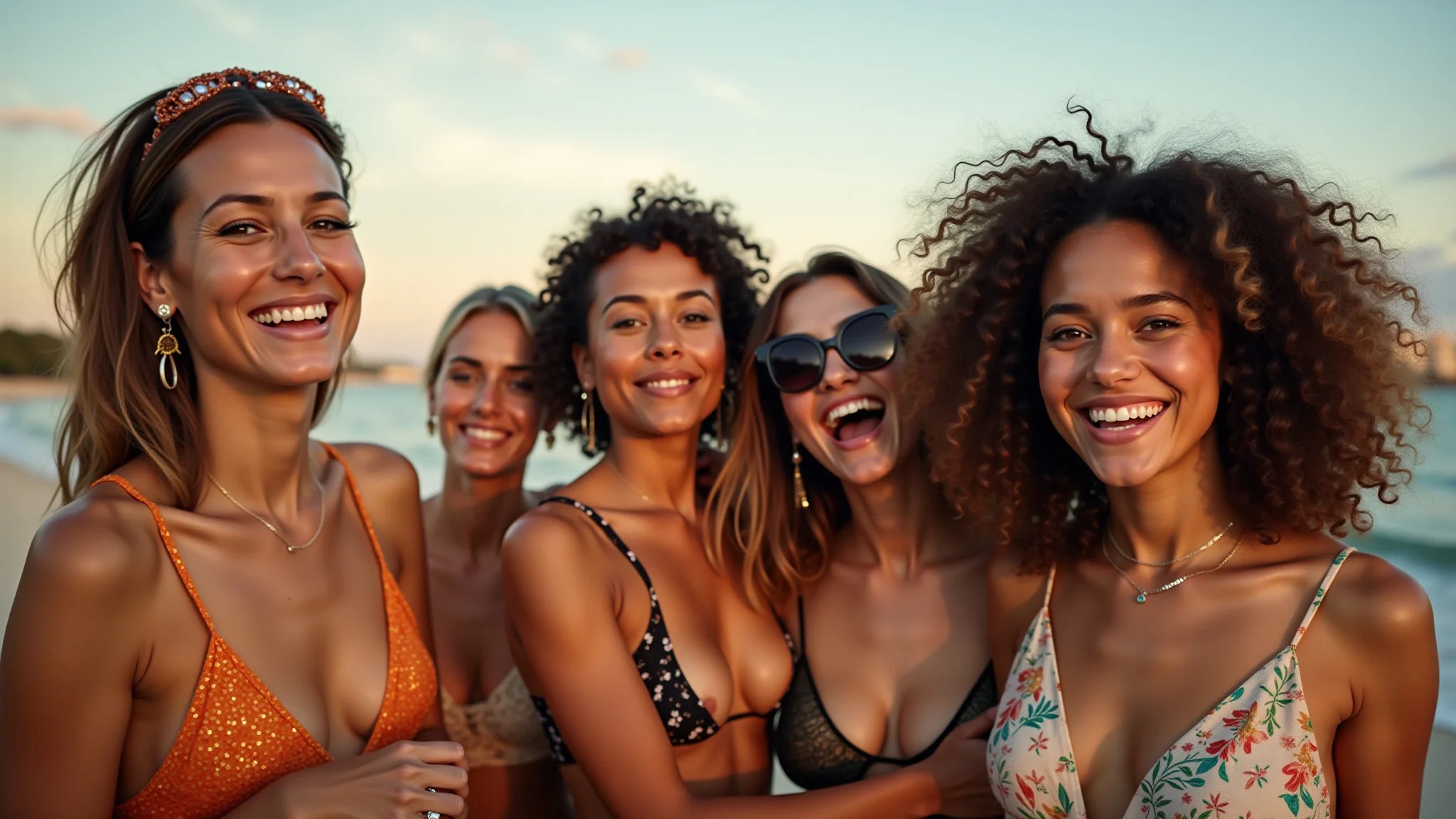 Amigas brasileiras celebrando o Réveillon em praia paradisíaca.