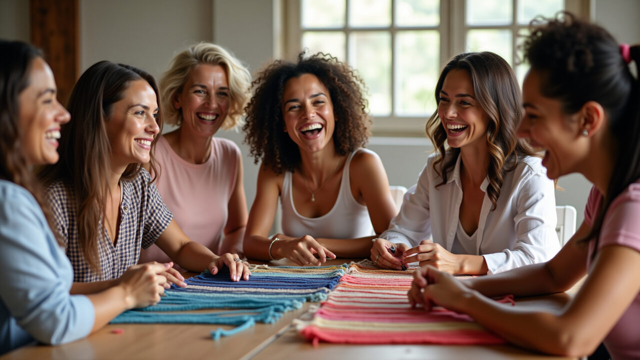 Grupo diverso de mulheres aprendendo macramê em oficina colorida.