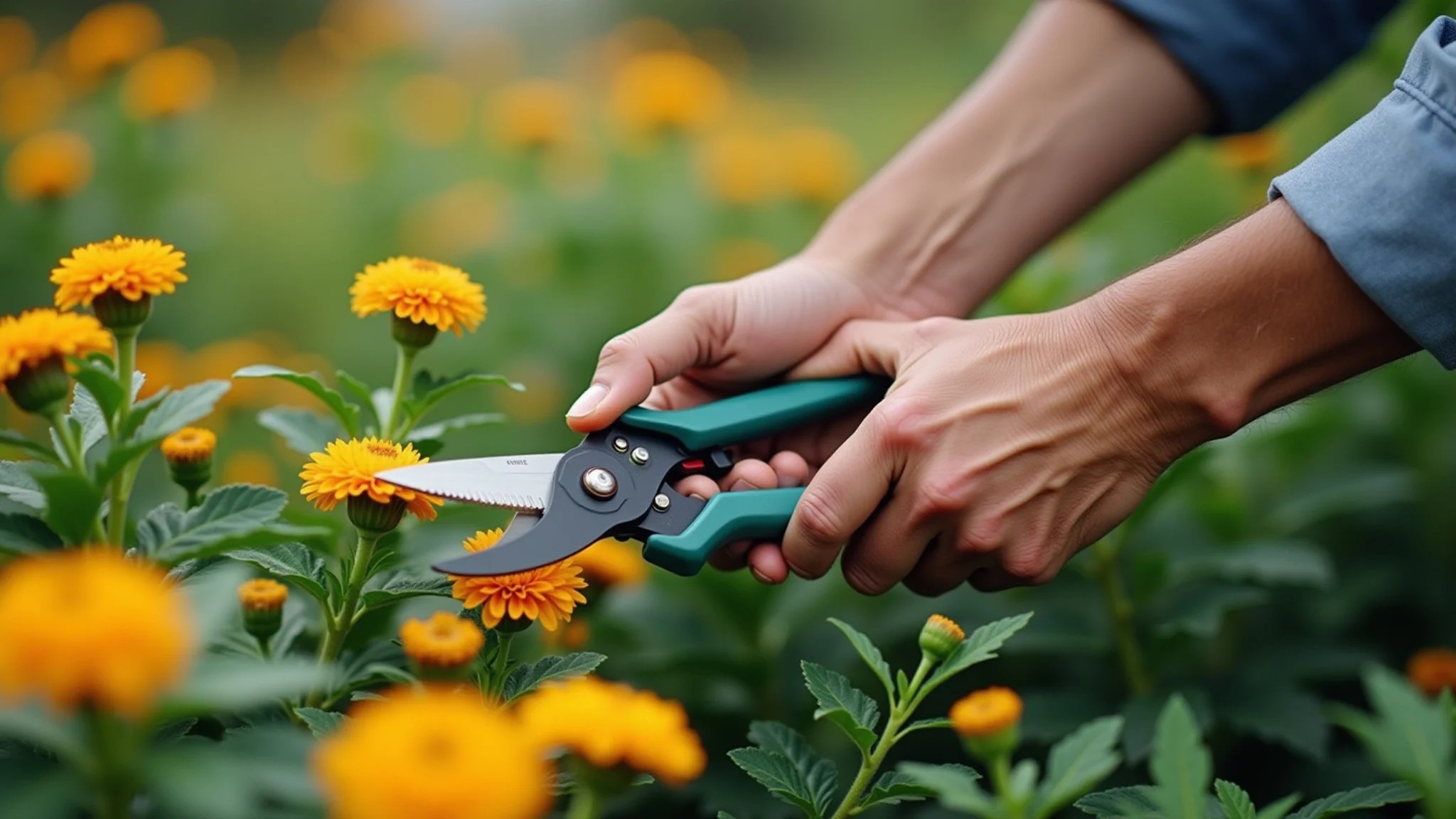 Mãos podando arbustos floridos em jardim brasileiro bem cuidado.