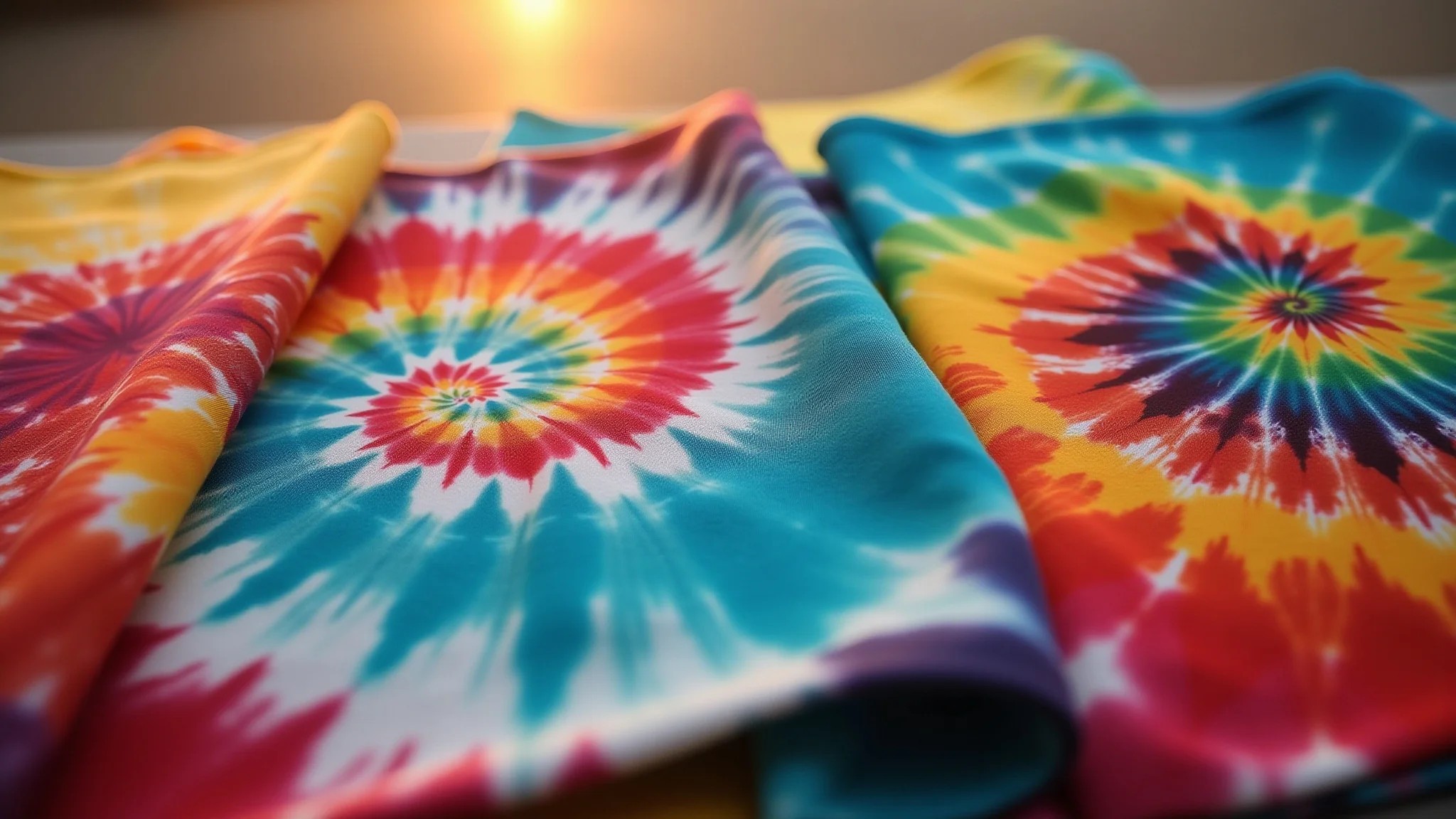 Padrões e combinações de cores tie-dye em tecidos de algodão dobrados.