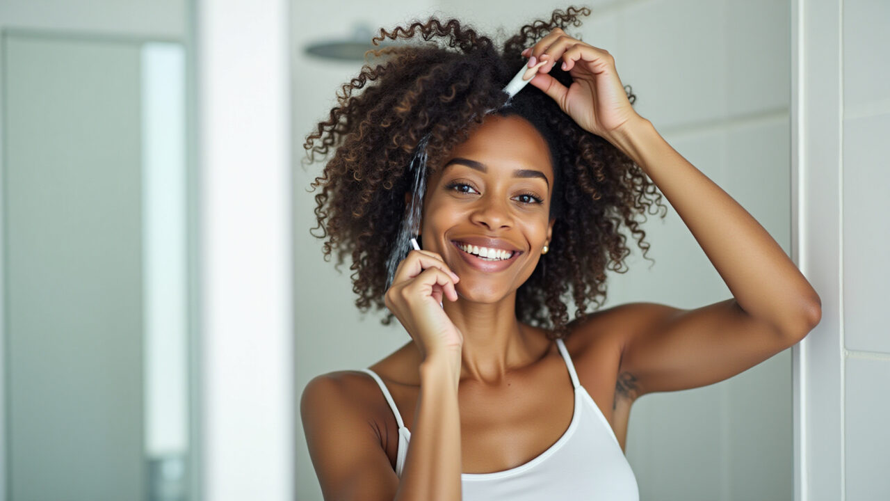 Mulher usando shampoo volumizador no cabelo fino durante o banho.