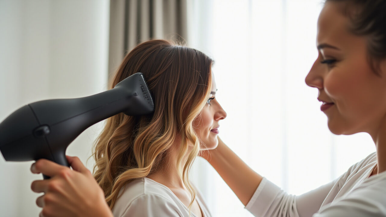Mulher aplicando protetor térmico no cabelo fino antes de usar o secador.