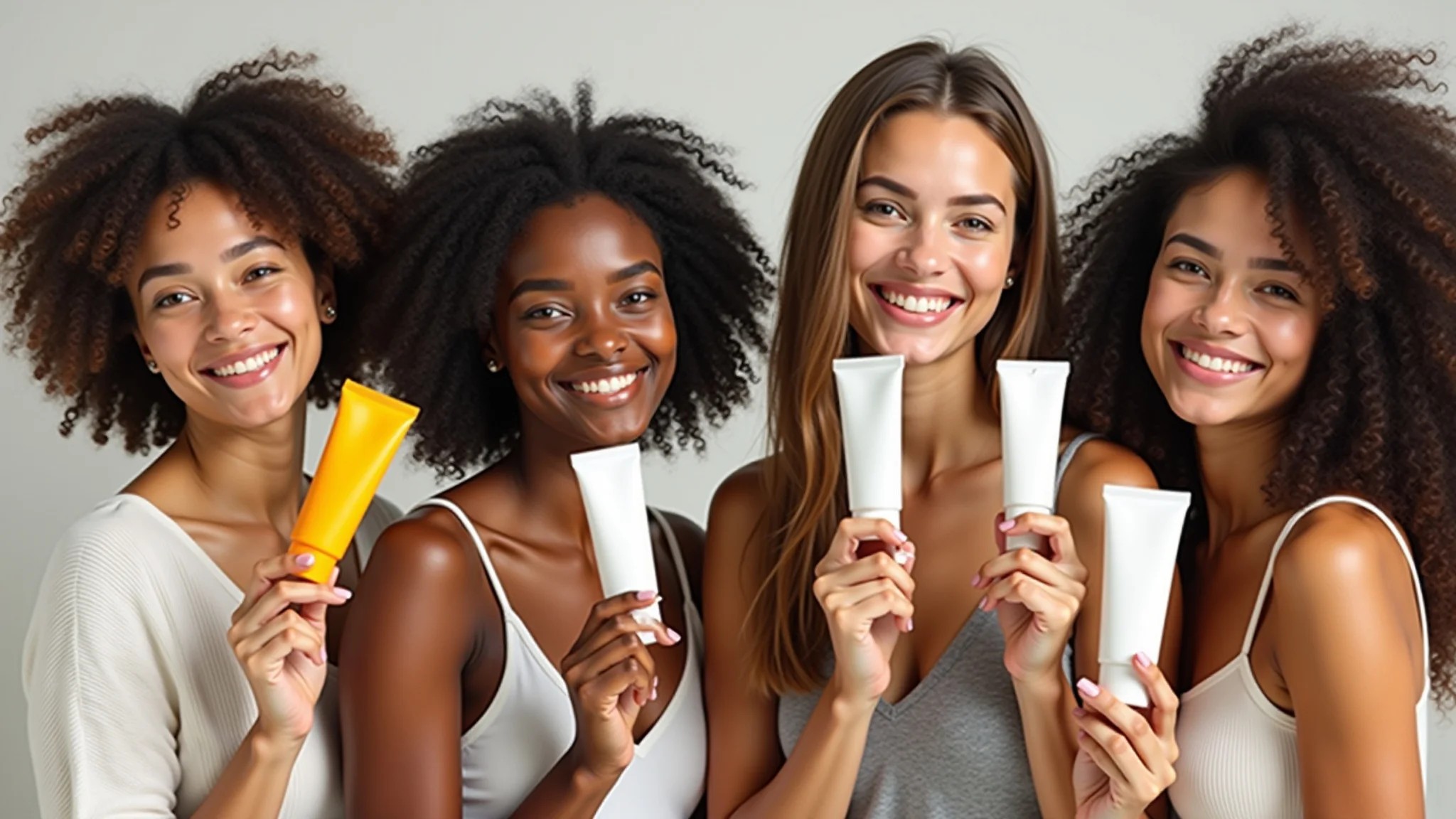 Mulheres diversas sorrindo, mostrando protetores solares.