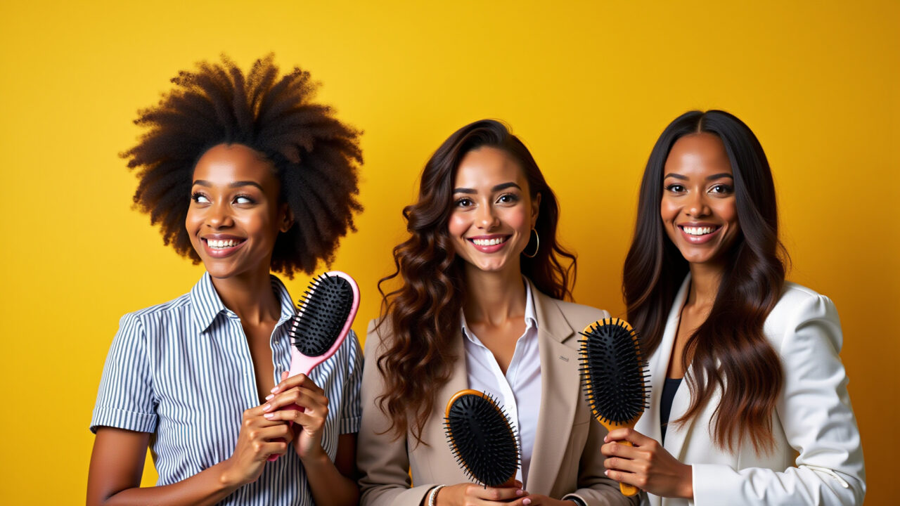 Professional photography of diverse women smiling, holding various hairbrushes, vibrant Brazilian Mulheres diversas sorrindo e segurando diferentes escovas de cabelo.