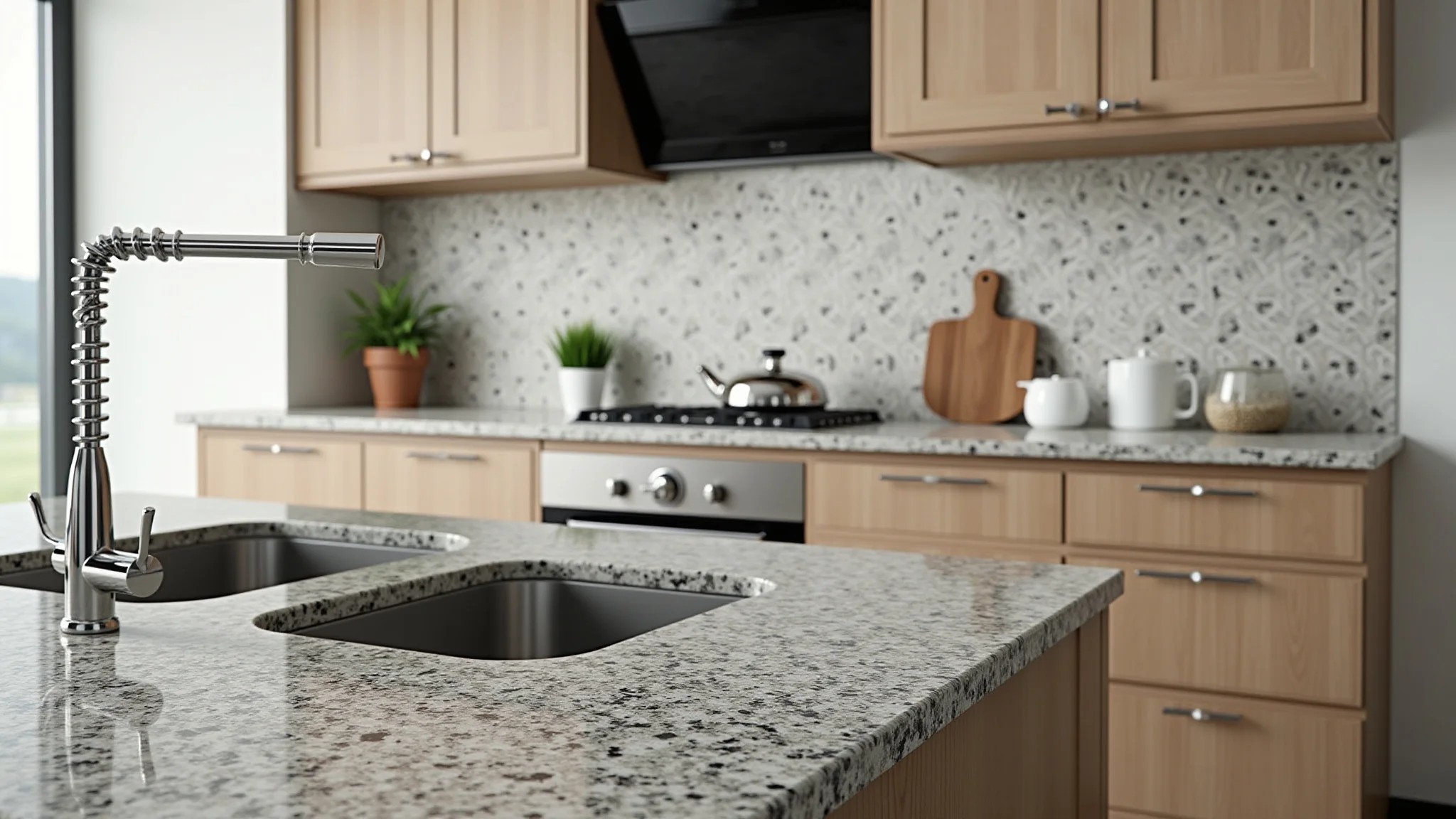 Materiais duráveis para cozinha: bancada de granito, cerâmica, armários de MDF.