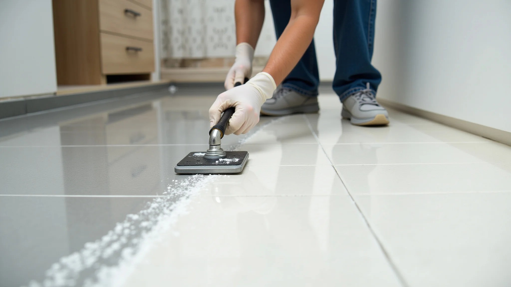 Aplicação de rejunte epóxi em porcelanato em um banheiro moderno.