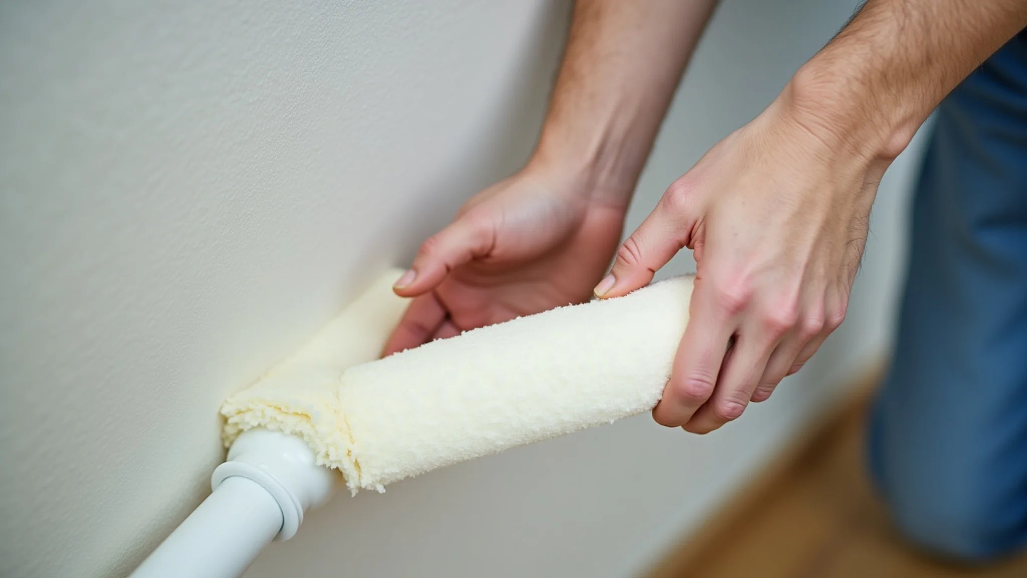Preenchimento de tubulações com espuma expansiva para evitar entrada de insetos.