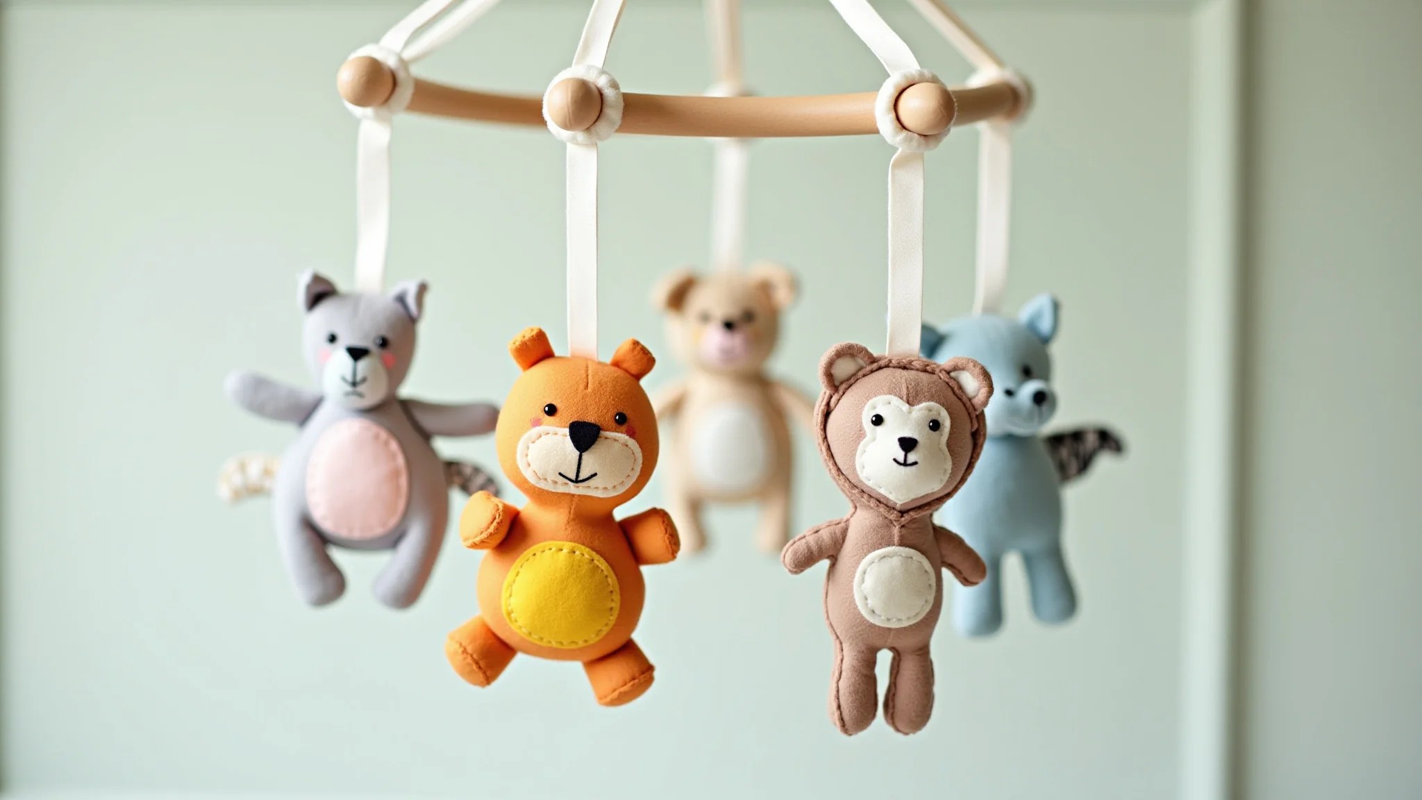 Mobile de feltro para bebê com animais fofos pendurados, cores pastel suaves.