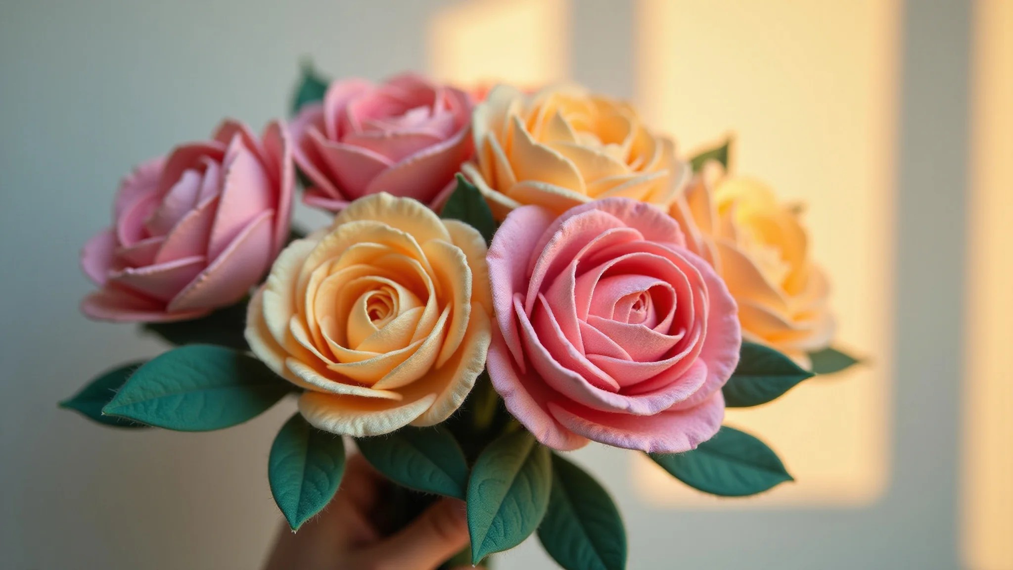Buquê de flores de feltro em tons pastel, luz suave do entardecer.