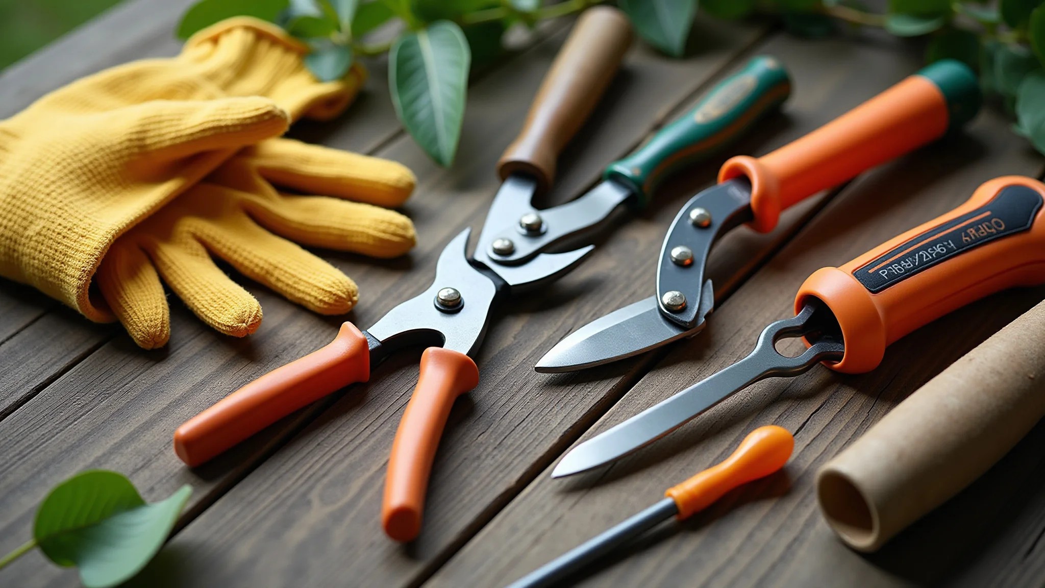 Ferramentas de jardinagem: tesoura de poda, luvas e fertilizante organizados em uma mesa de madeira.