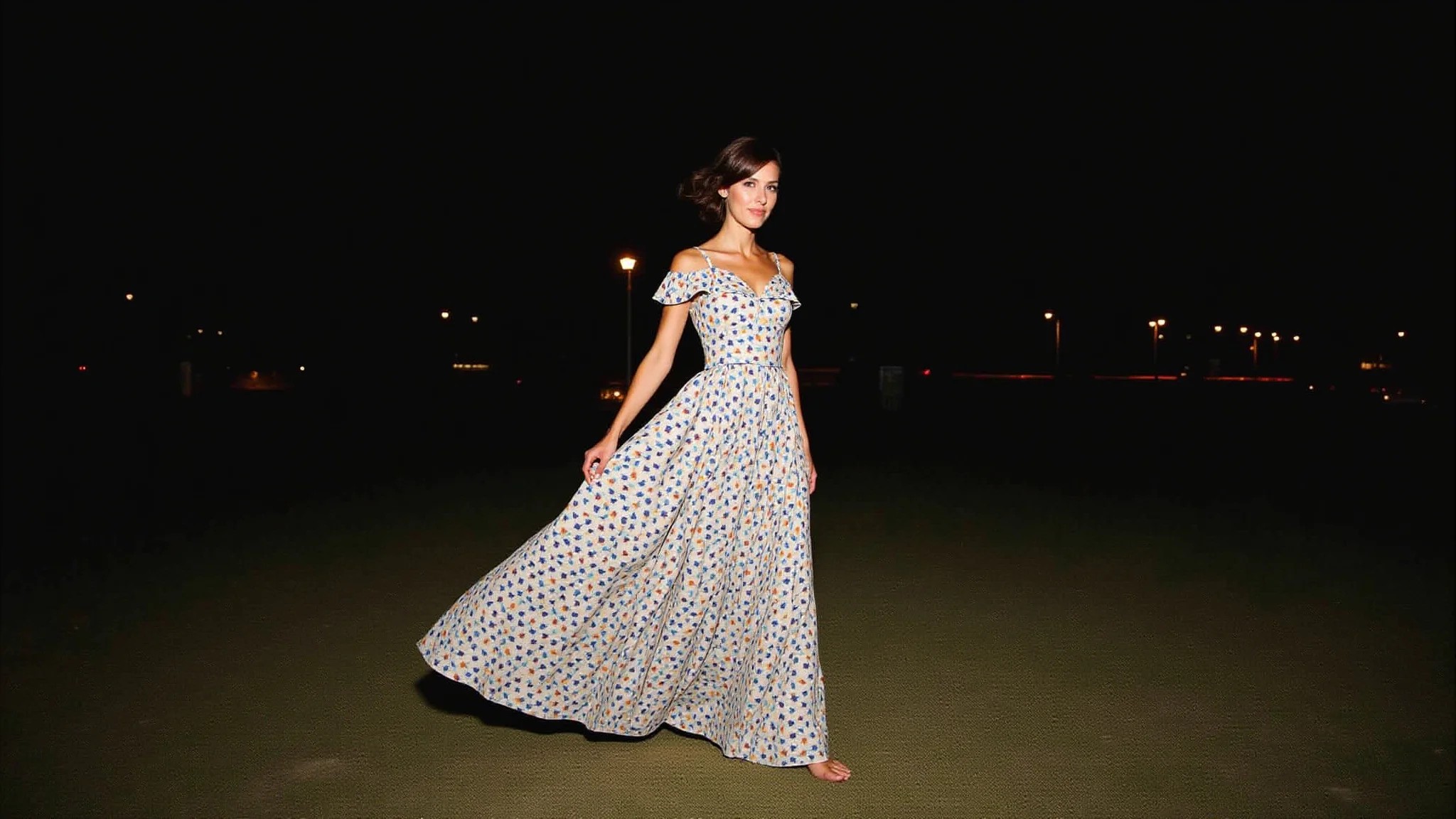 Vestido longo com estampa geométrica em casamento noturno, festa brasileira.