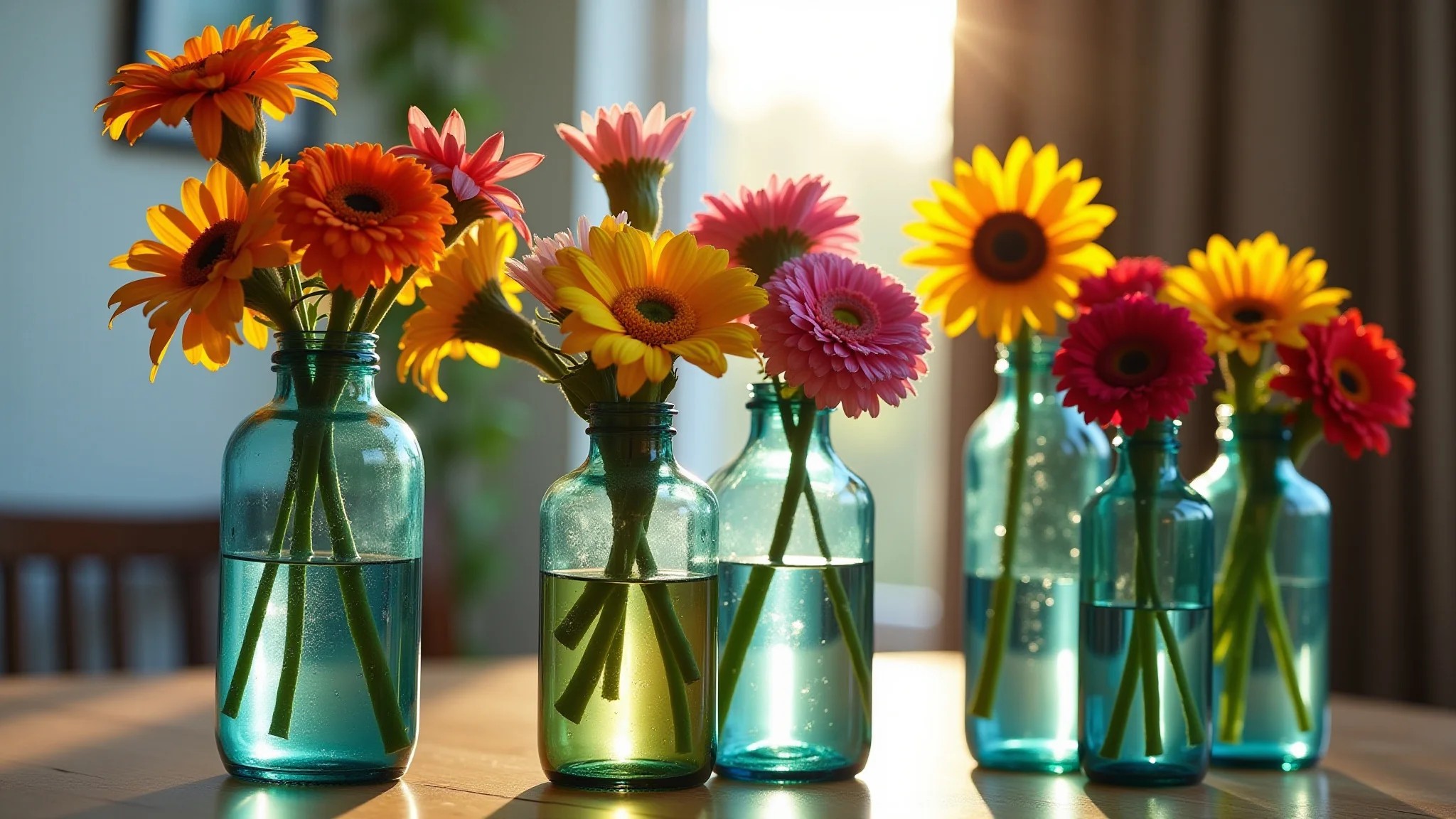 Garrafas de vidro transformadas em vasos coloridos com flores brasileiras.