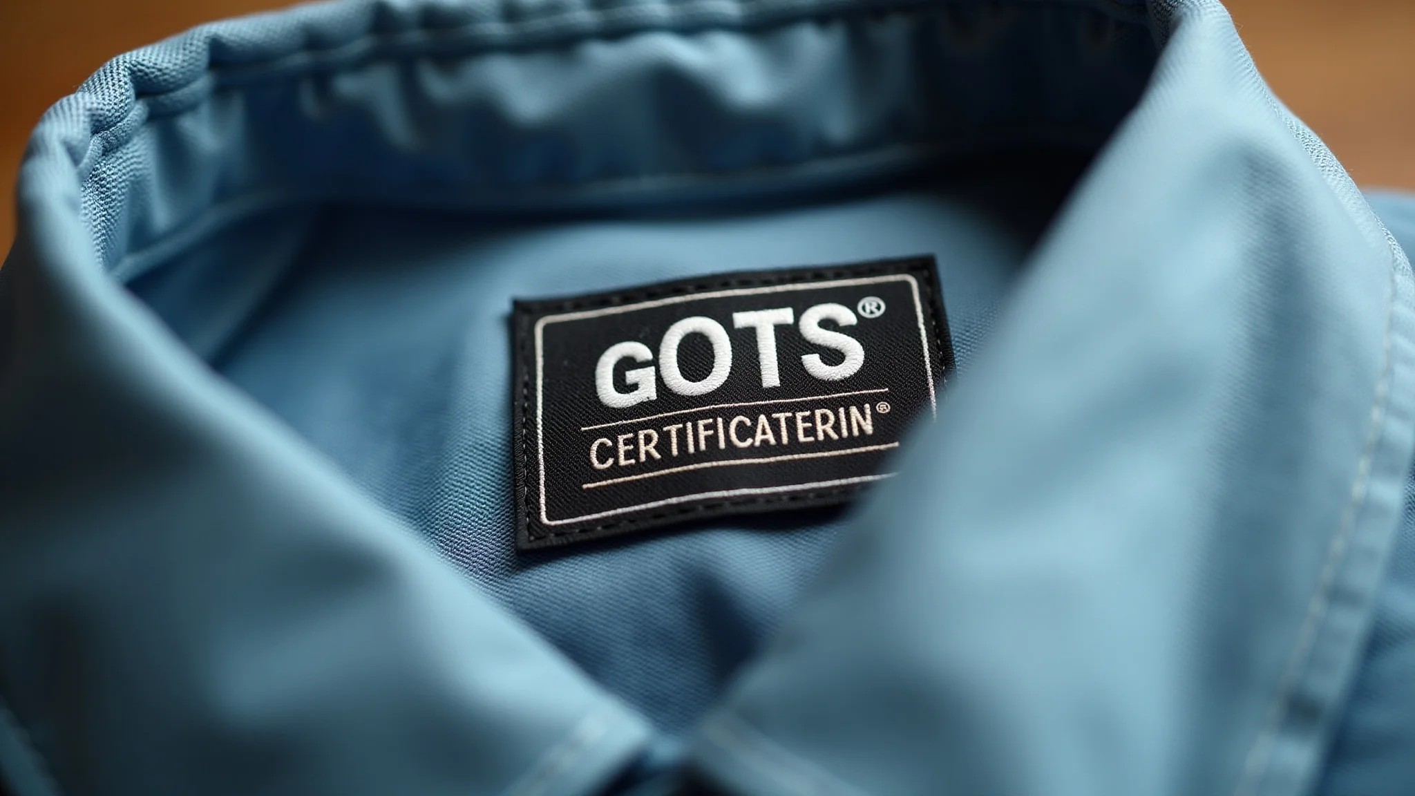 Etiqueta de certificação GOTS em uma peça de roupa, enfatizando a importância dos selos.