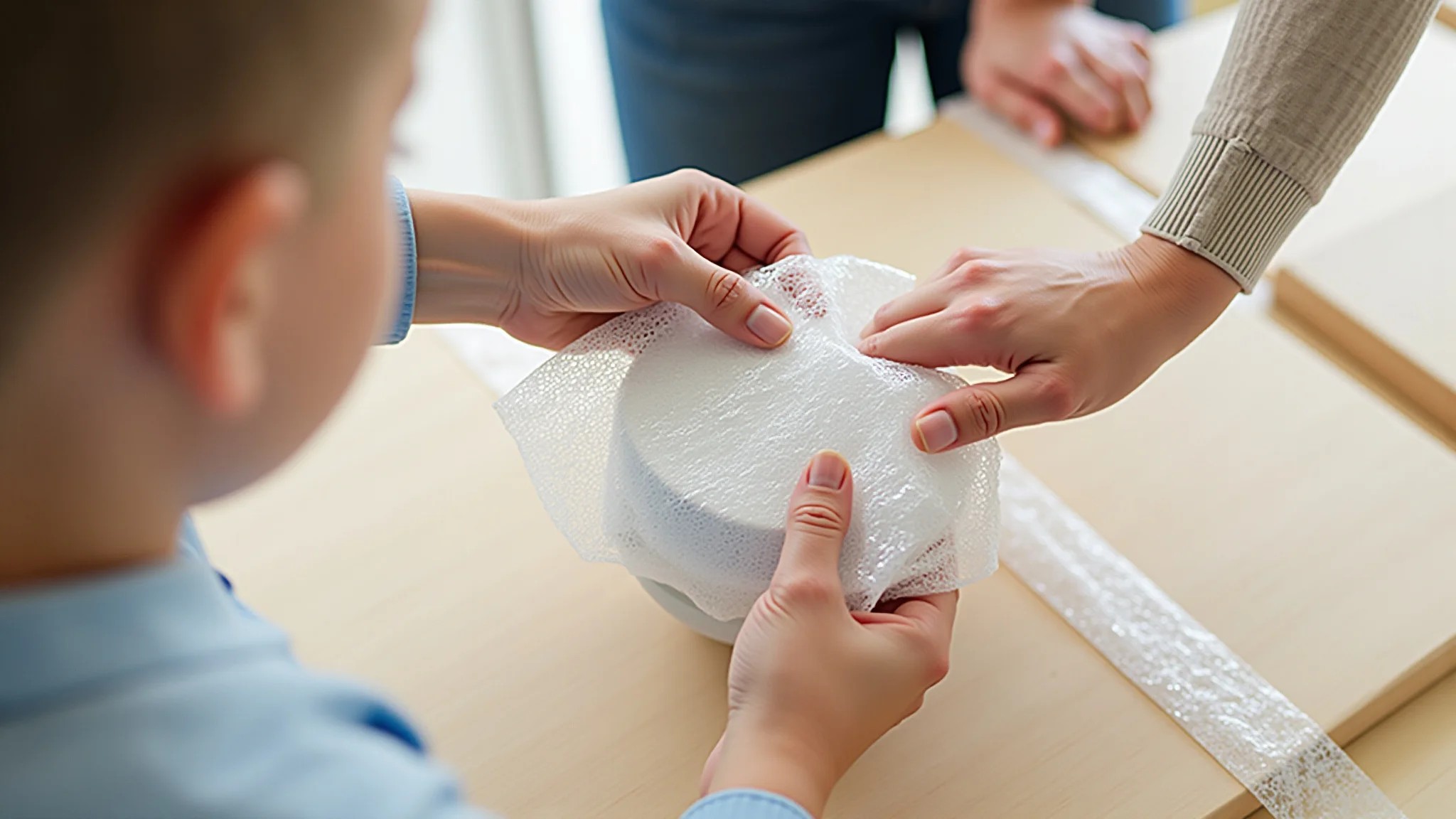 Mãos embalando peça de cerâmica delicada com plástico bolha para envio.
