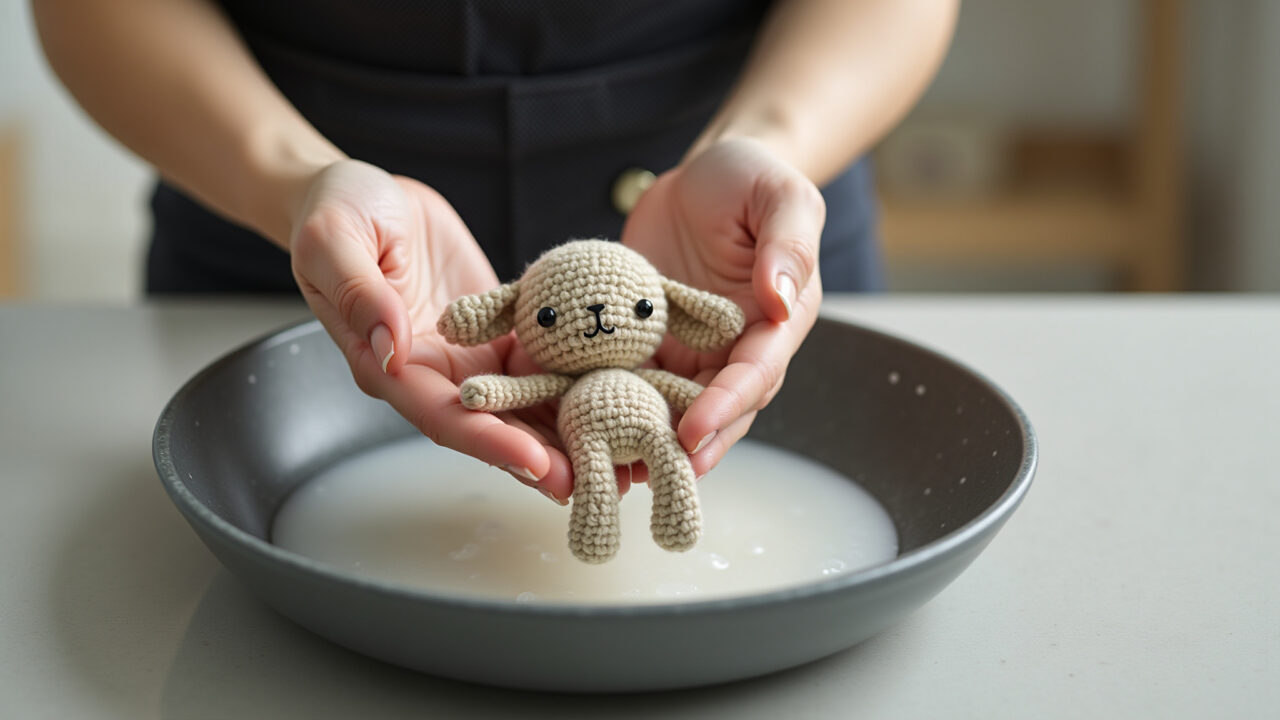 Amigurumi de lã sendo lavado à mão com cuidado.